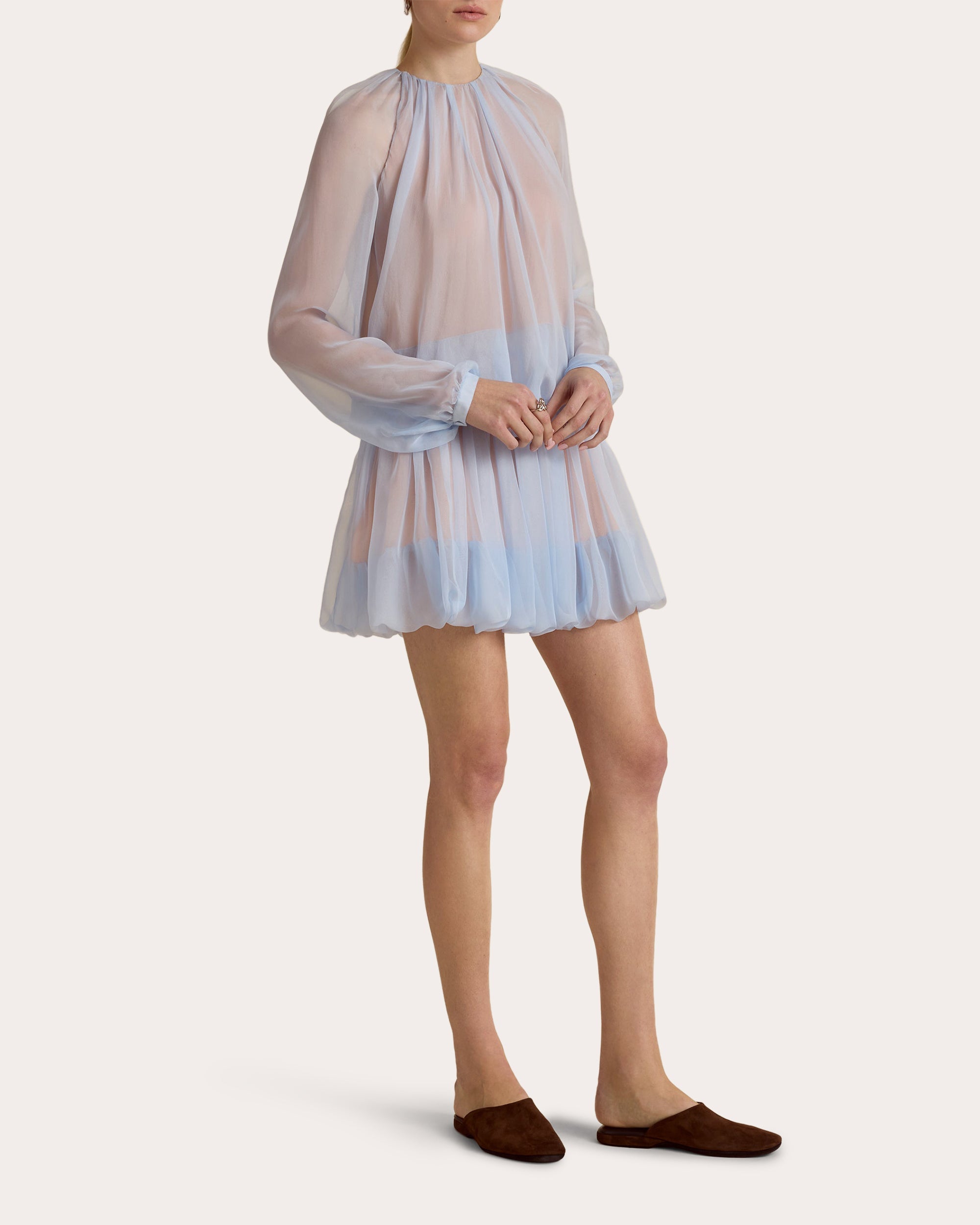 Silk Chiffon Gathered Long-Sleeve Blouse