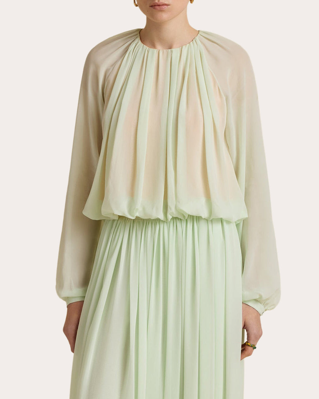 Silk Chiffon Gathered Long-Sleeve Blouse