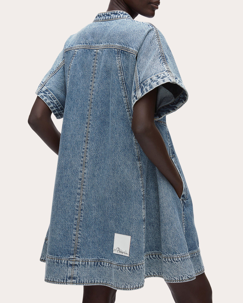 Denim Short-Sleeve Trapeze Dress