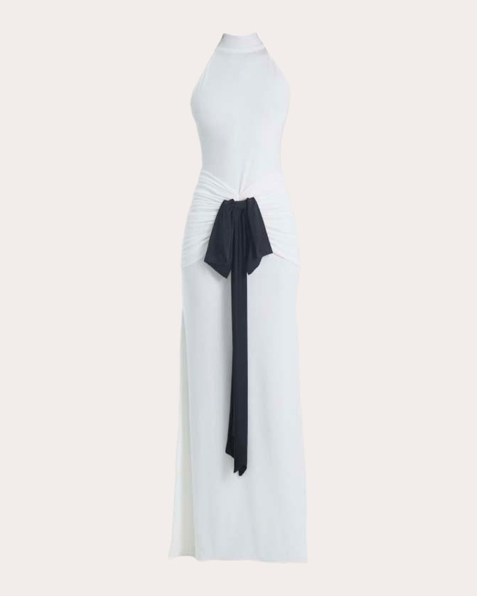 Sael Gathered Bow Mock Neck Gown