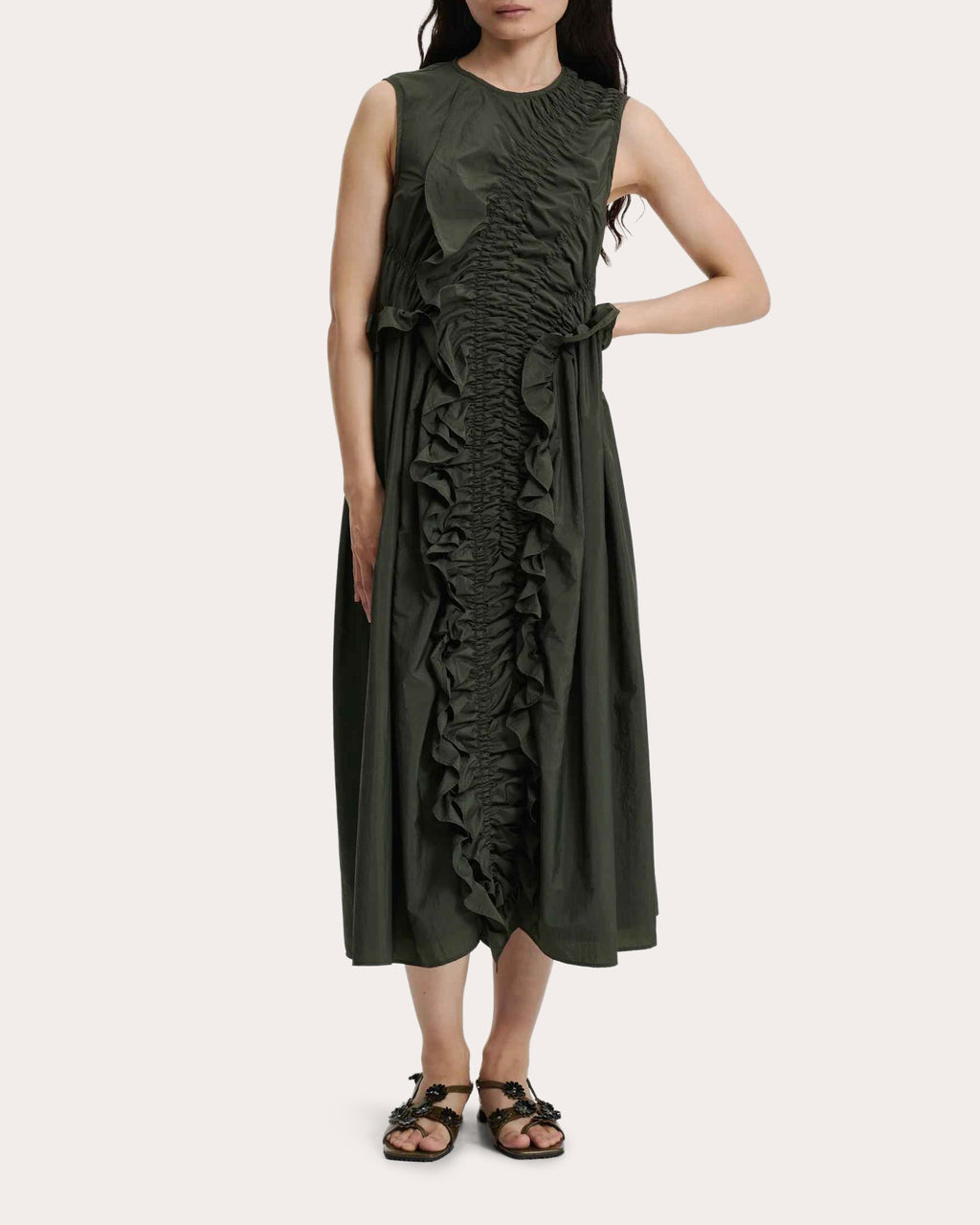 Ole Gathered Ruffle-Trimmed Taffeta Midi Dress