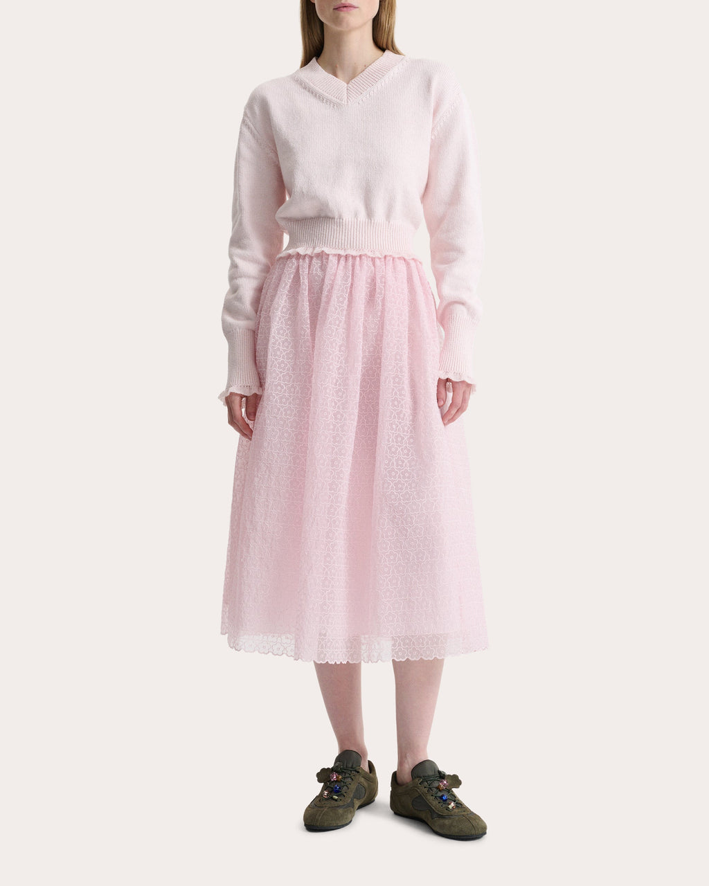 Drusilla Wool Knit Ruffle V-Neck Sweater