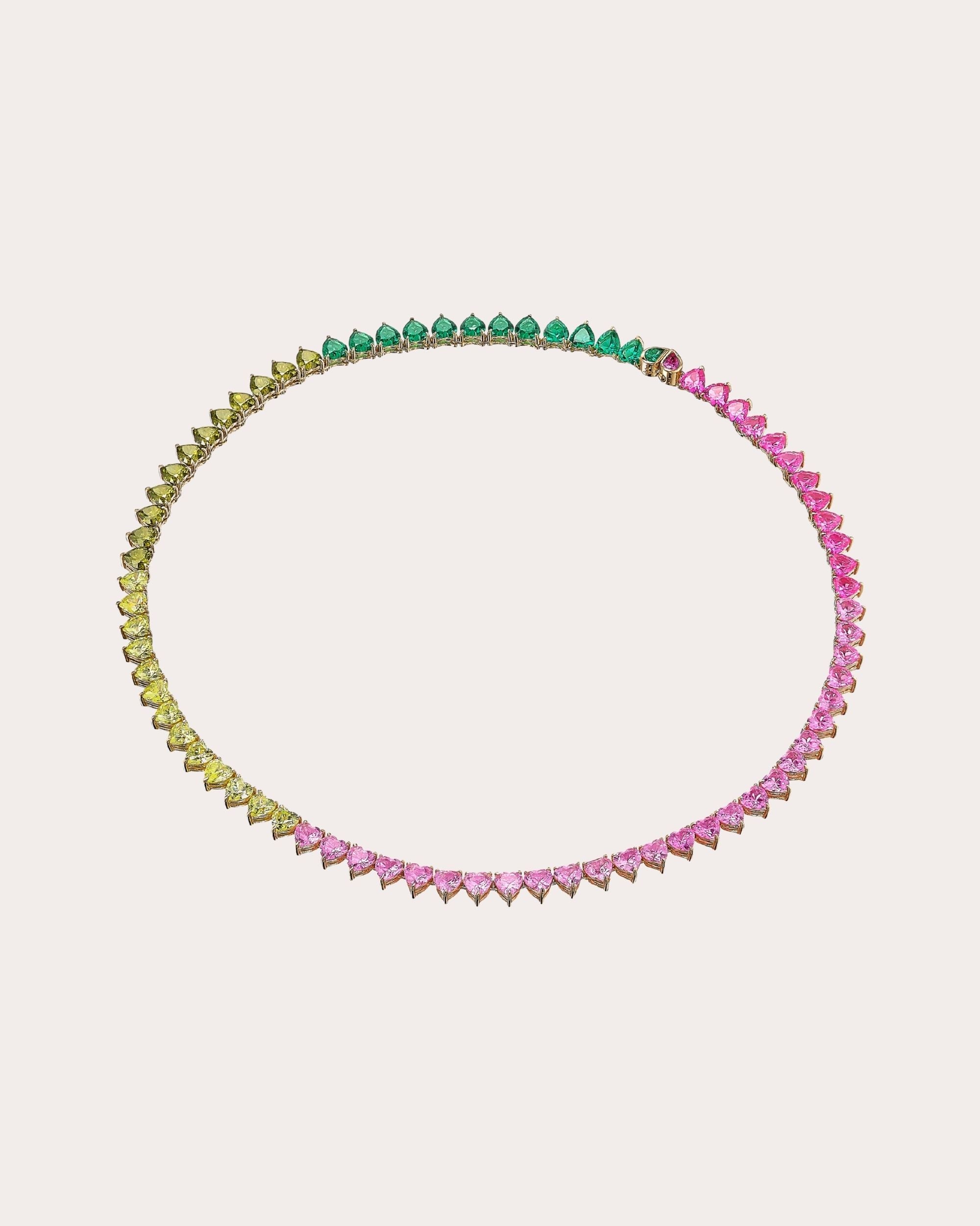 Pink Sapphire & Green Tourmaline Peony Eternity Heart Necklace