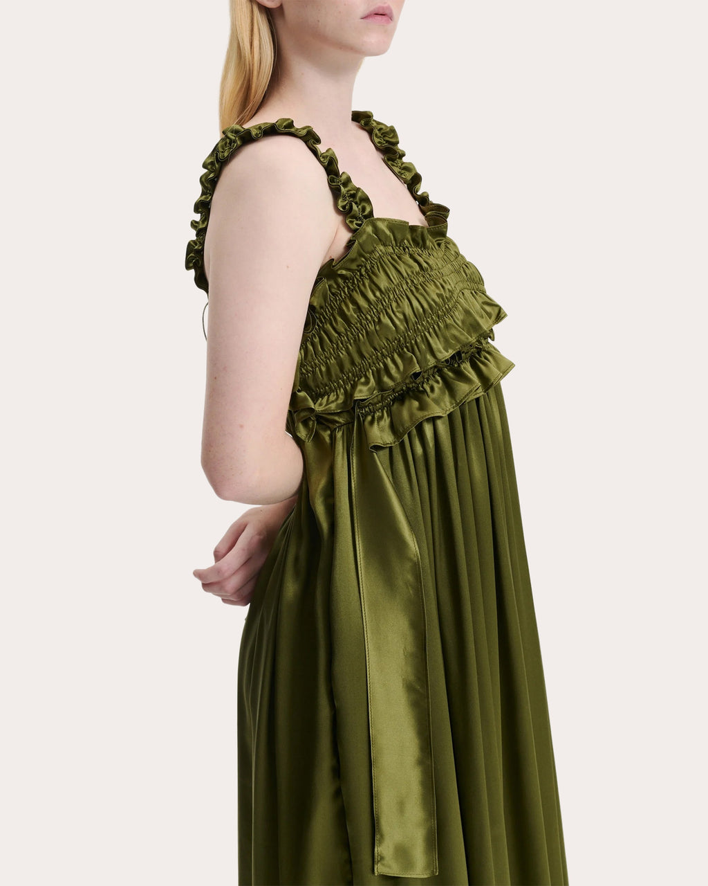 Giovanna Smocked Ruffle-Trimmed Silk Satin Midi Dress