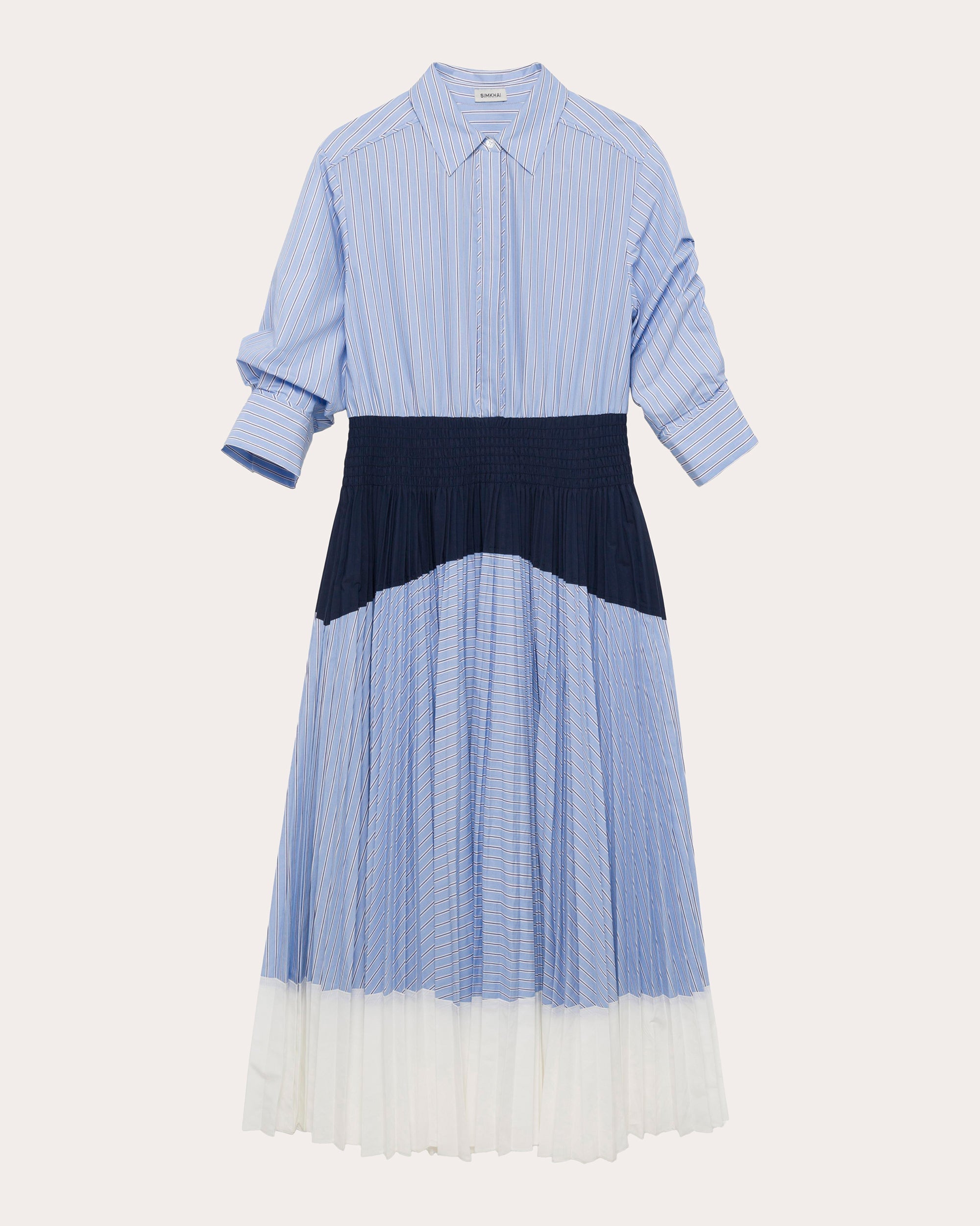 Jenella Stripe Poplin Pleated Midi Shirt Dress