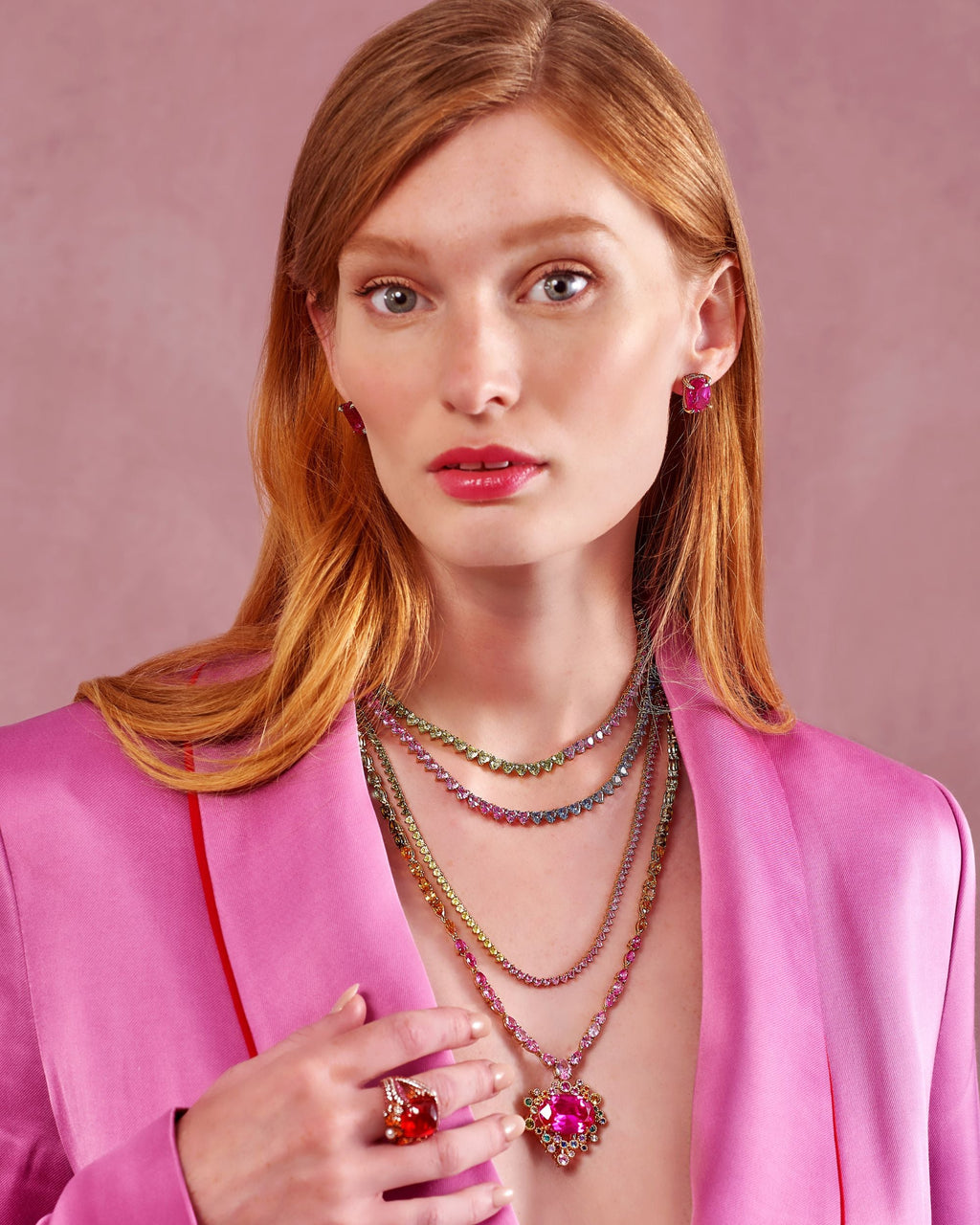 Pink Sapphire & Green Tourmaline Peony Eternity Heart Necklace