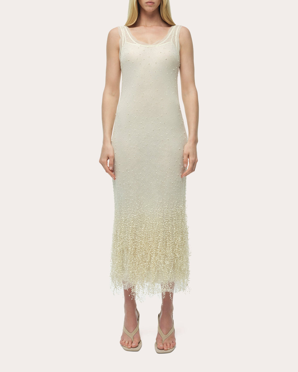 Irisa Beaded Fringe Lace Sleeveless Midi Dress