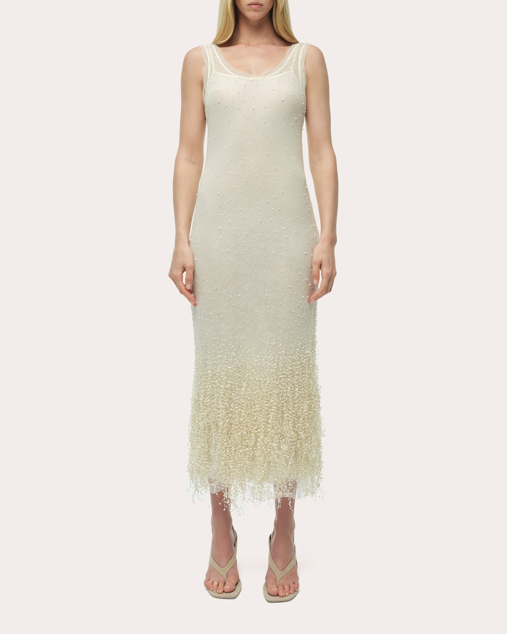 Irisa Beaded Fringe Lace Sleeveless Midi Dress