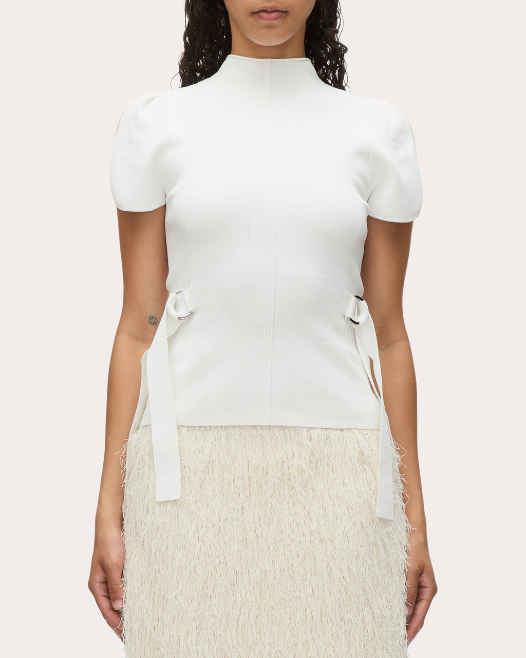 Compact Knit Mock Neck Tulip-Sleeve Top
