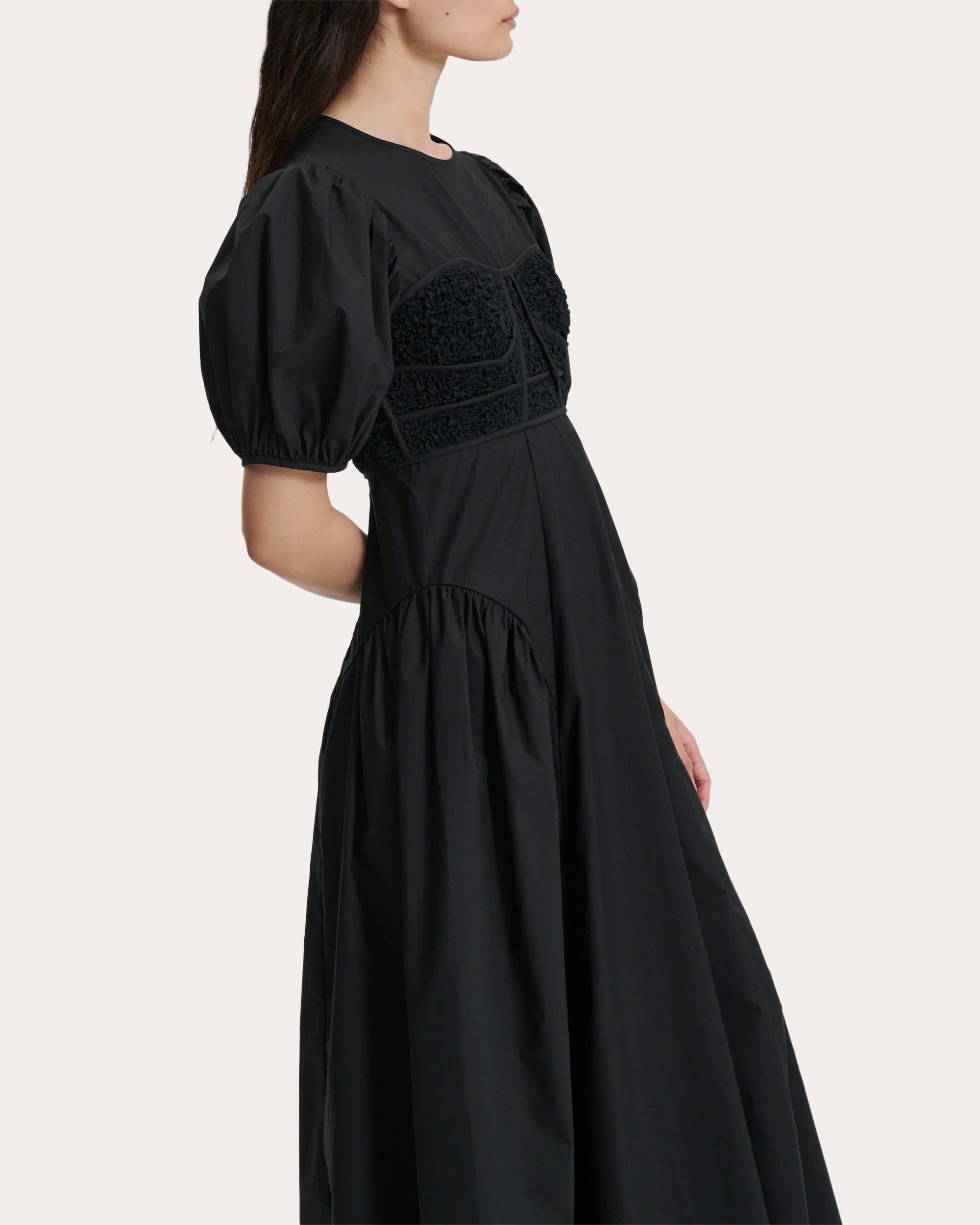 Clementine Cotton Bustier Gathered Puff-Sleeve Dress