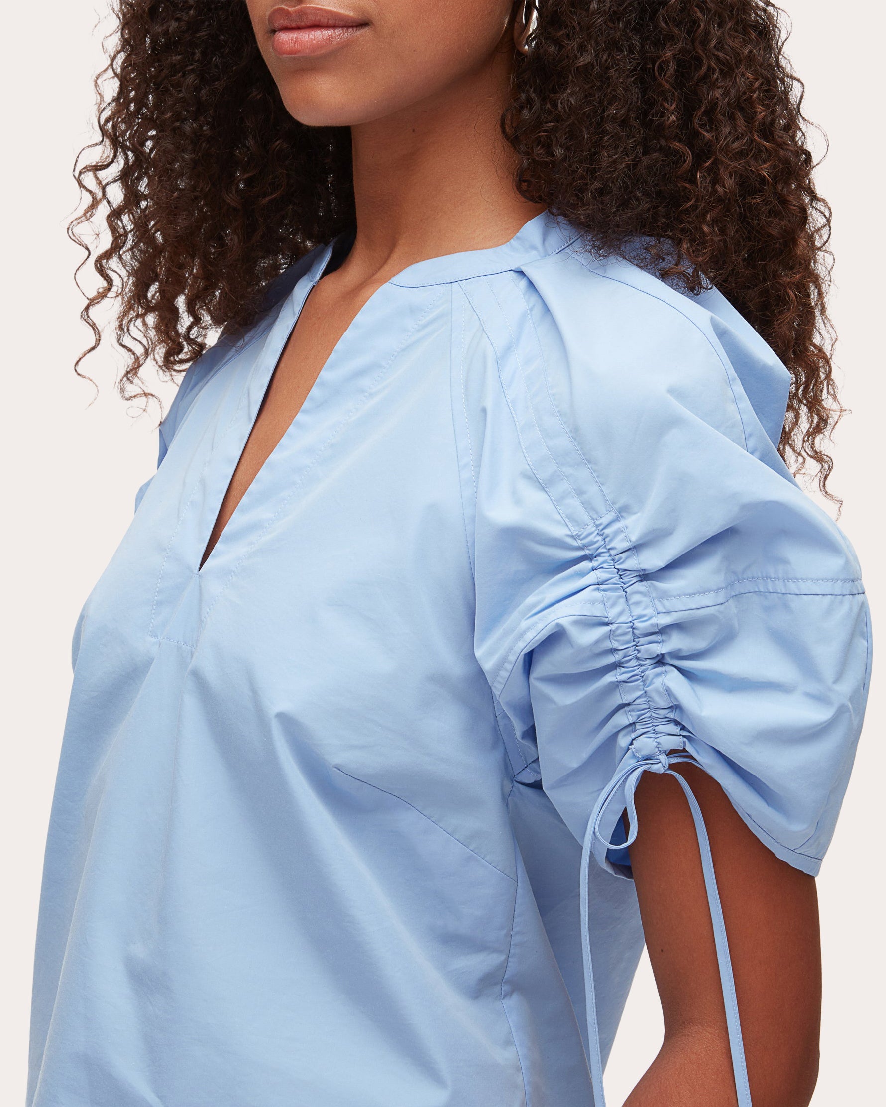 Cotton Poplin Ruched Puff-Sleeve Top