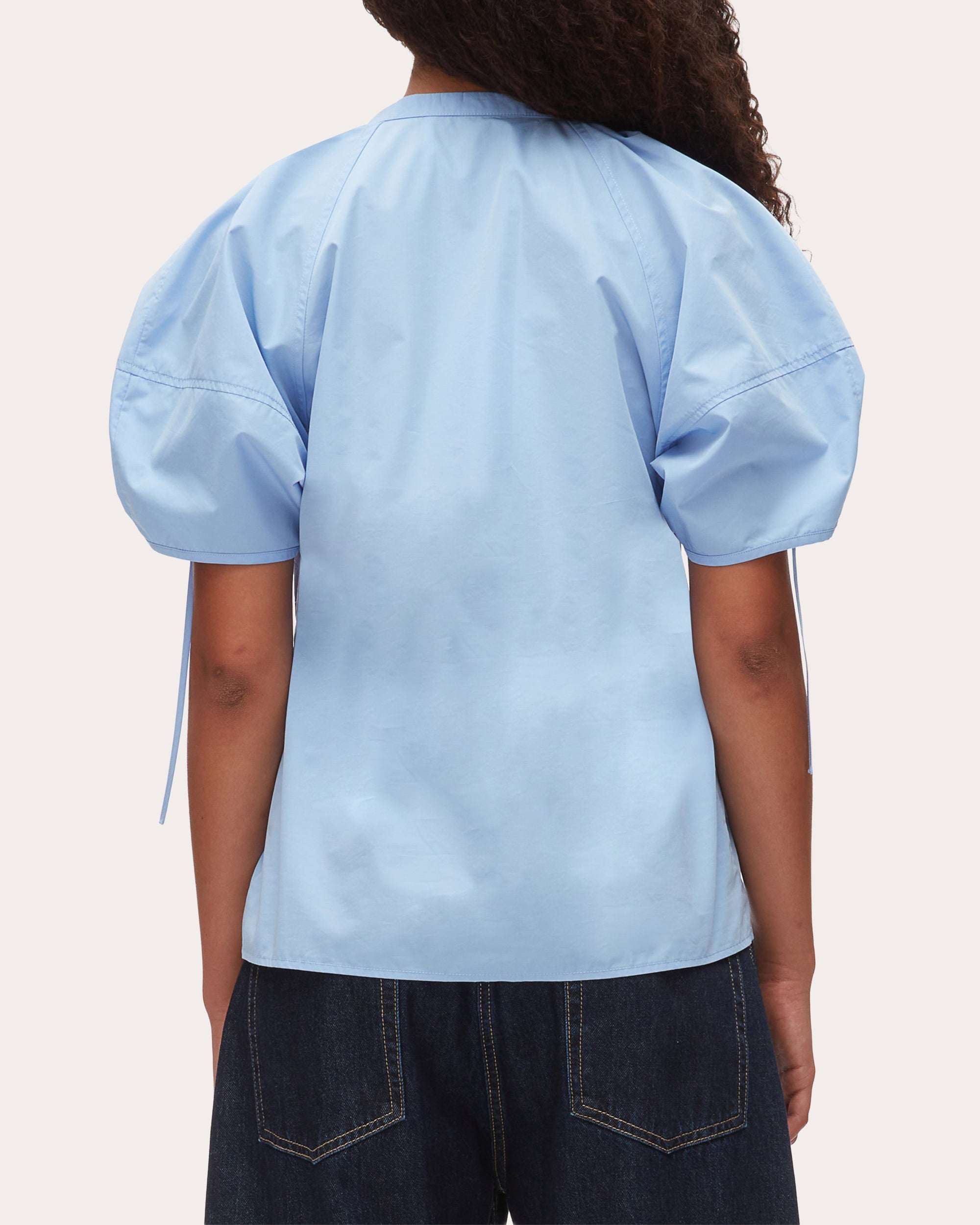Cotton Poplin Ruched Puff-Sleeve Top