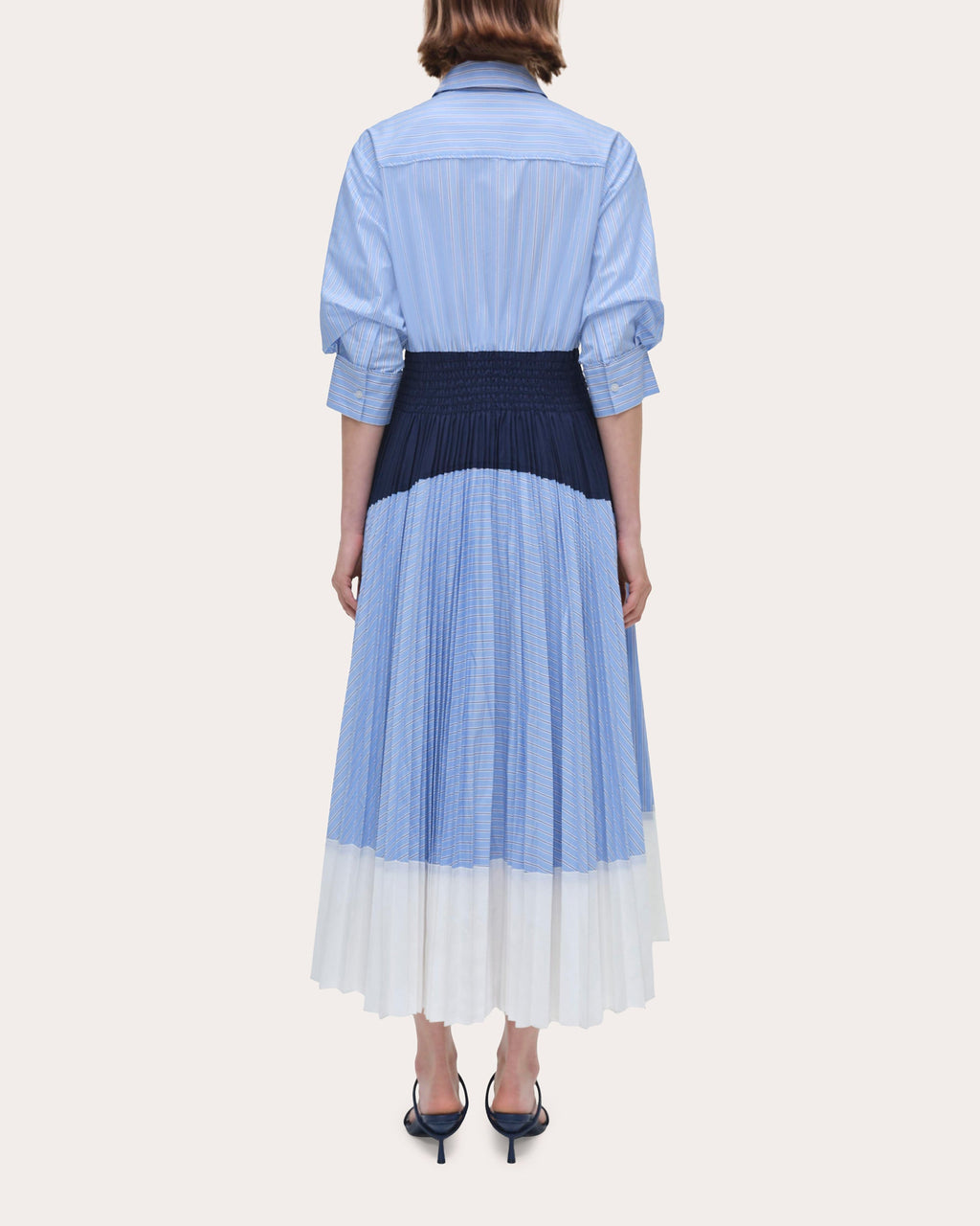 Jenella Stripe Poplin Pleated Midi Shirt Dress