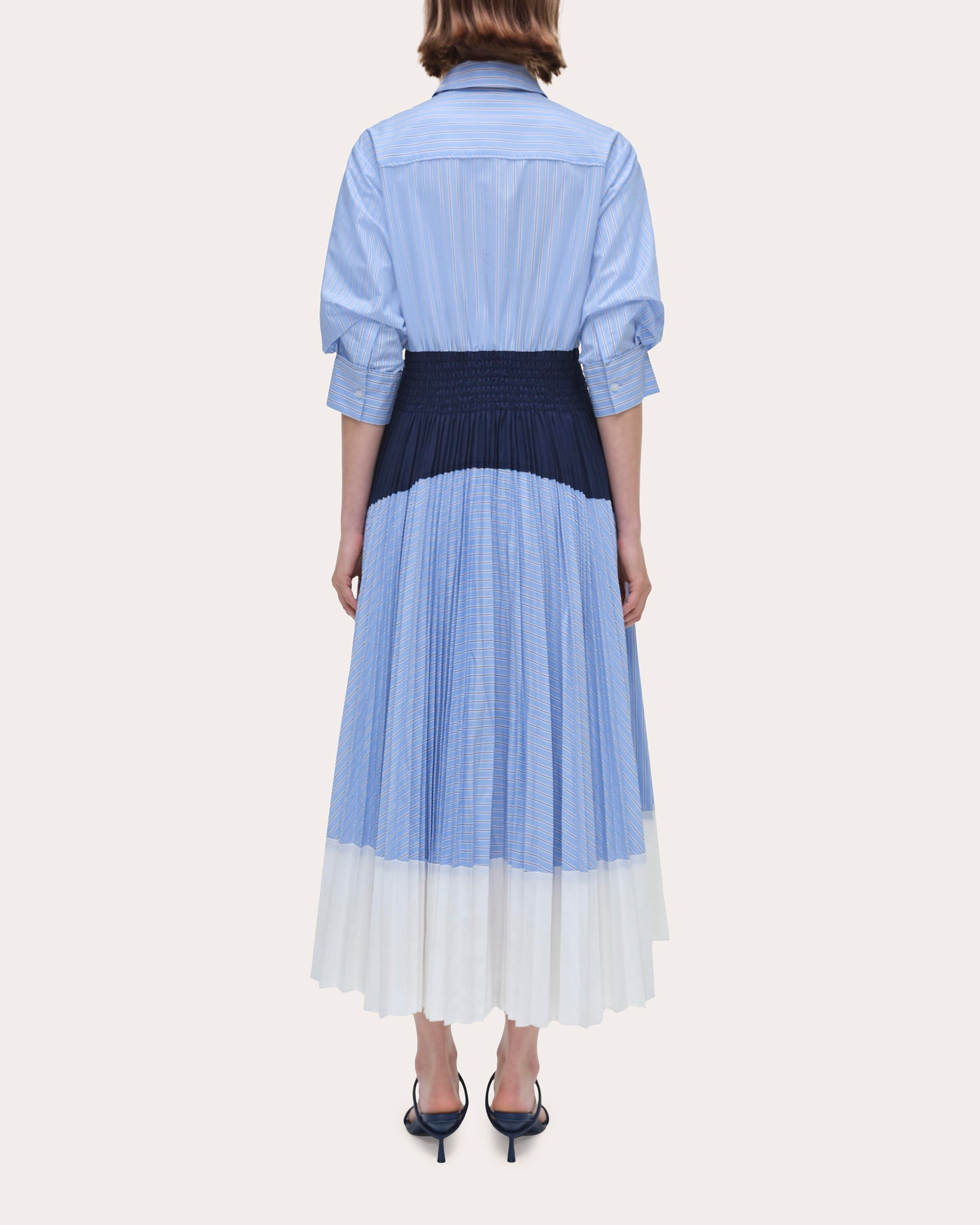 Jenella Stripe Poplin Pleated Midi Shirt Dress