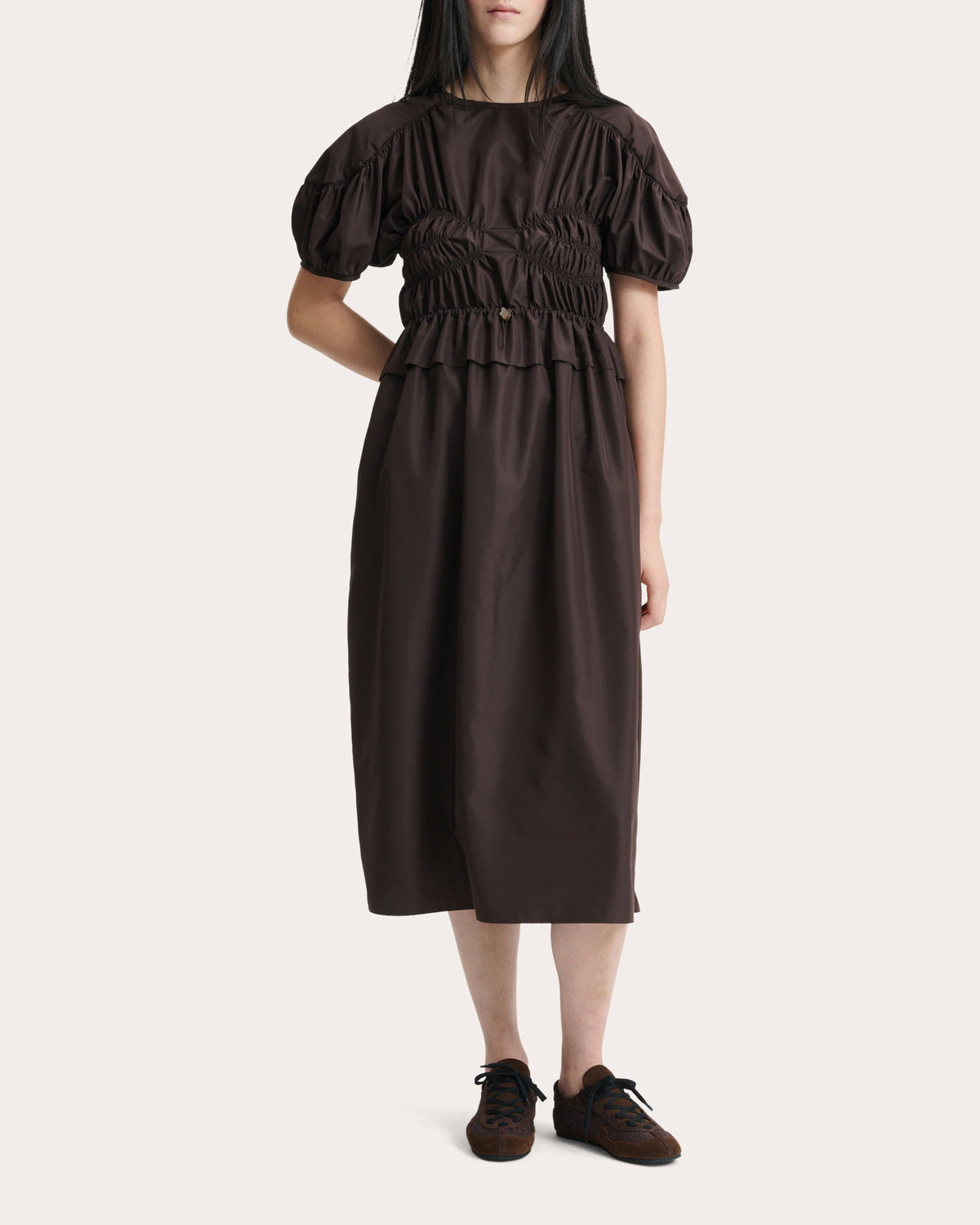 Betsy Faille Ruched Bustier Midi Dress