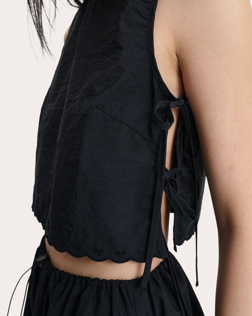 Feeba Embroidered Taffeta Bow Crop Top