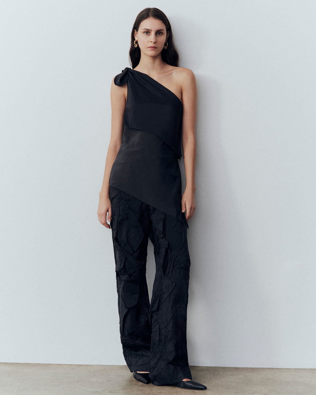 Pinstripe Draped Asymmetric Triangle Top