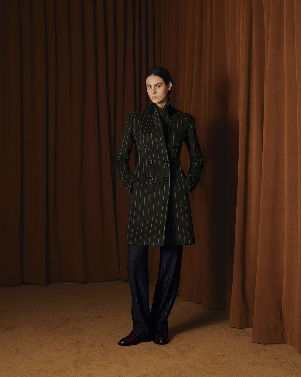 Pinstripe Wool Basque Overcoat