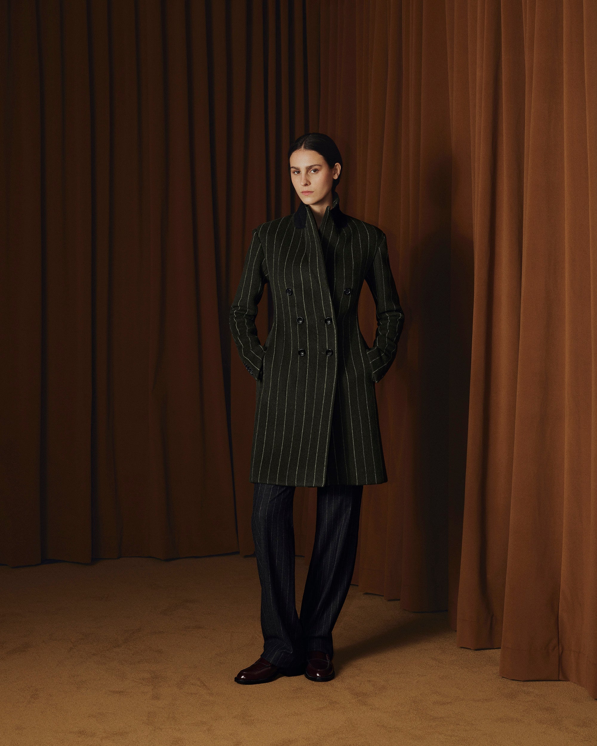 Pinstripe Wool Basque Overcoat