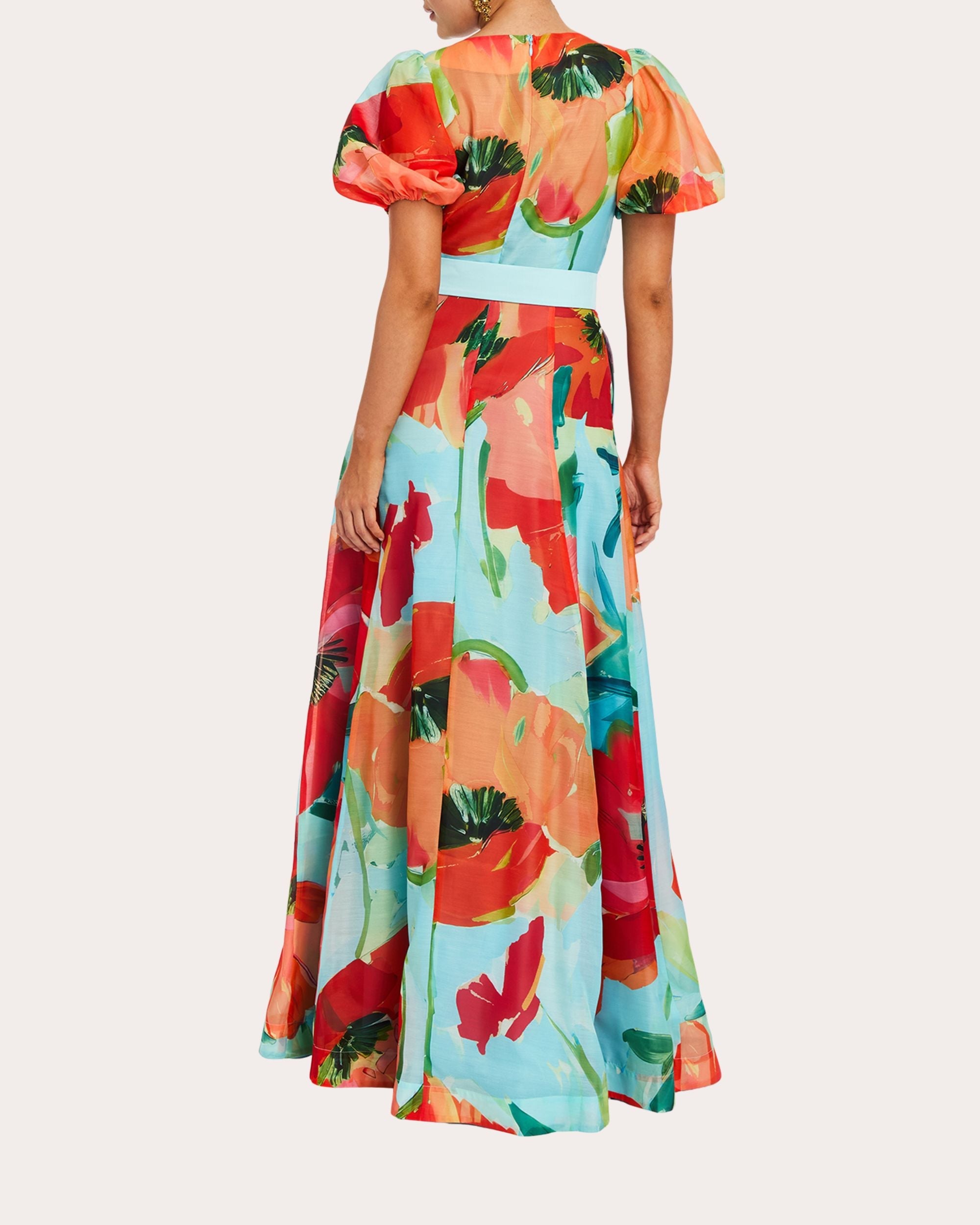 Pippa Floral Organza Puff-Sleeve A-Line Gown