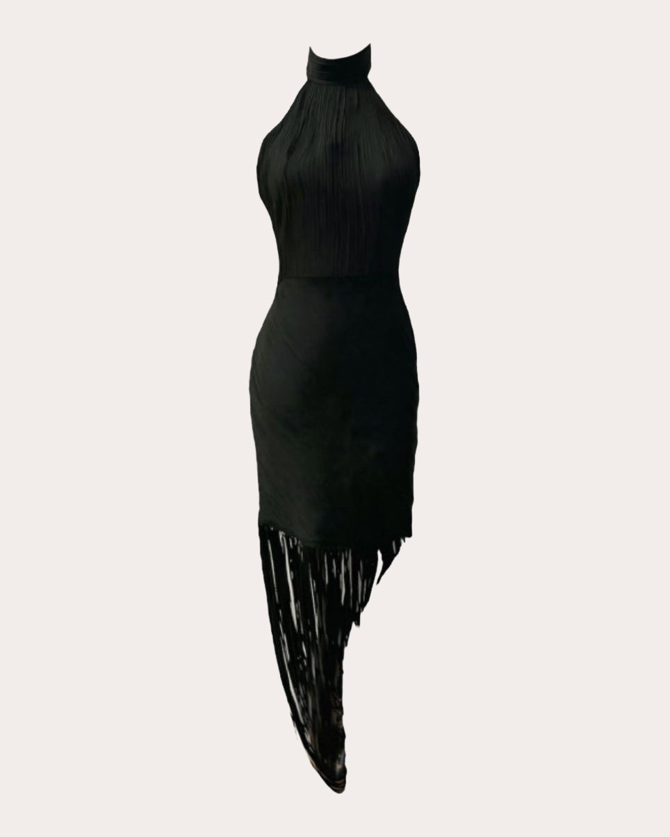 Hellen Silk Fringe Asymmetric Halter Dress