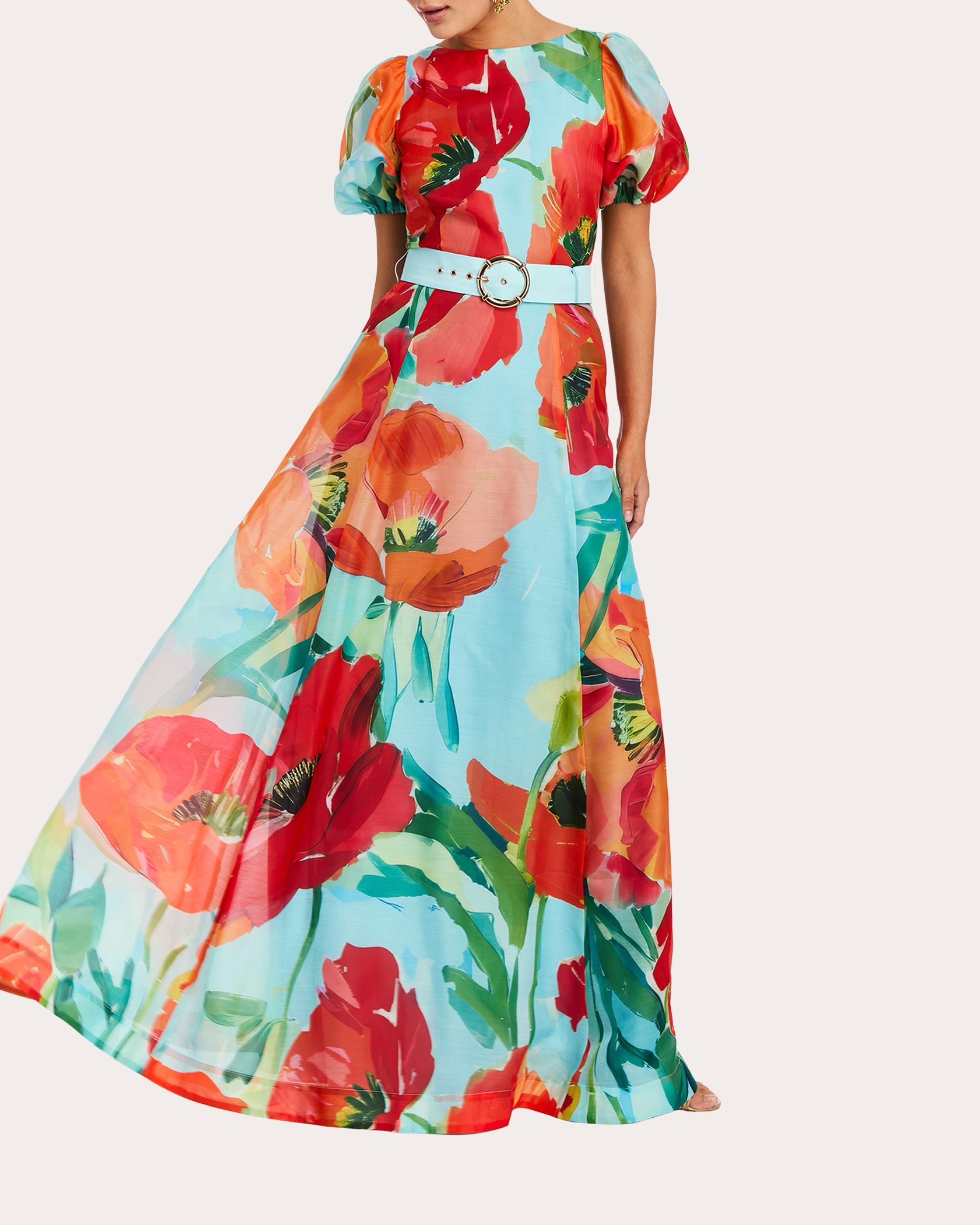 Pippa Floral Organza Puff-Sleeve A-Line Gown