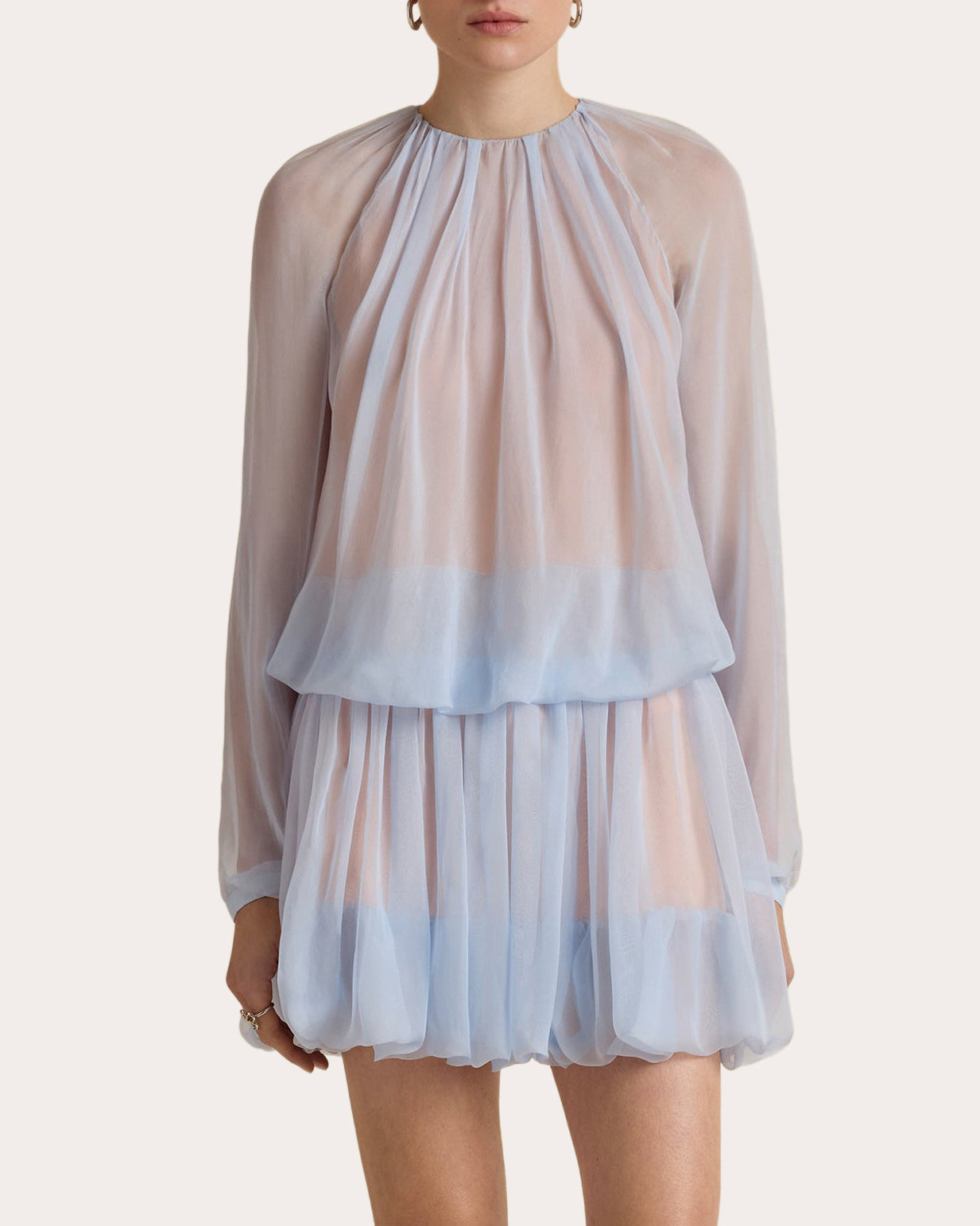 Silk Chiffon Gathered Long-Sleeve Blouse