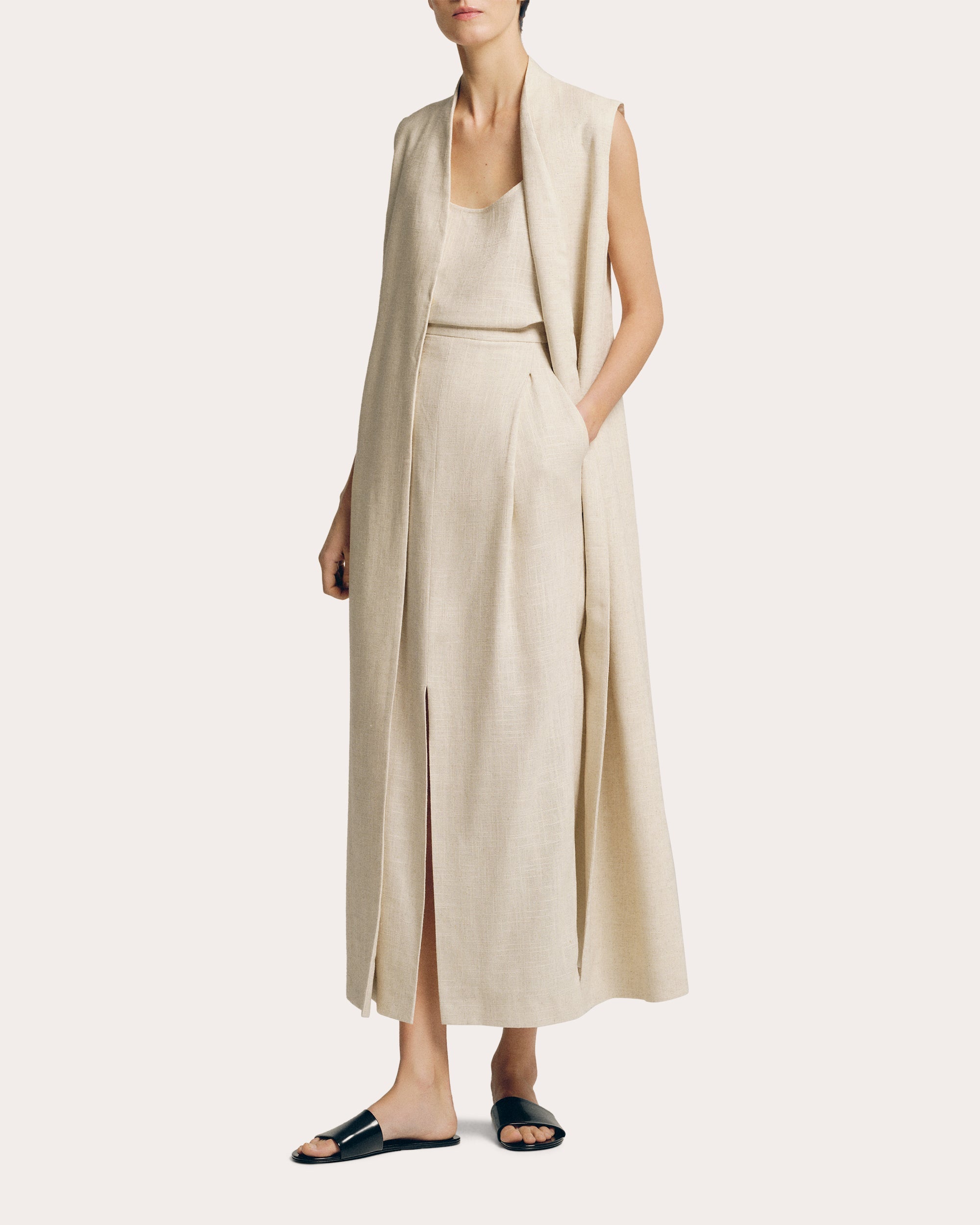 Linen Shawl Collar Long Vest