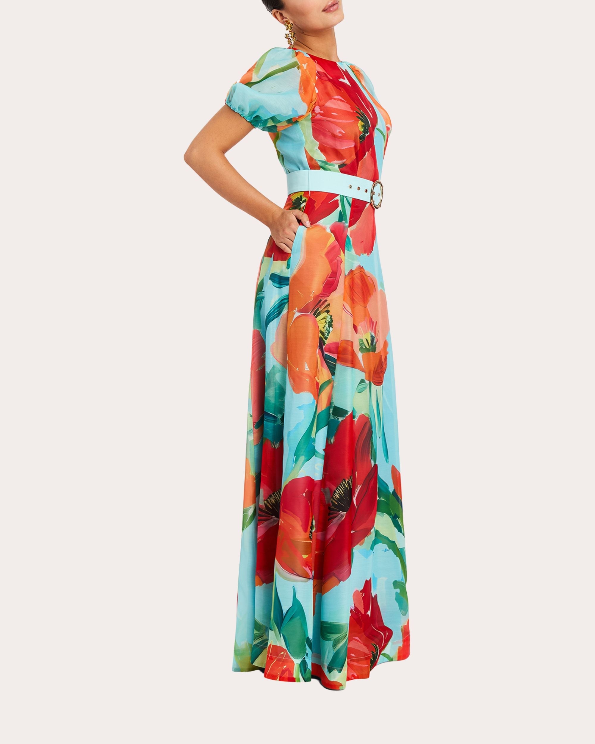 Pippa Floral Organza Puff-Sleeve A-Line Gown