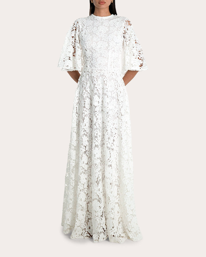 Yaqui Cape-Effect Laser-Cut Floral Lace Gown
