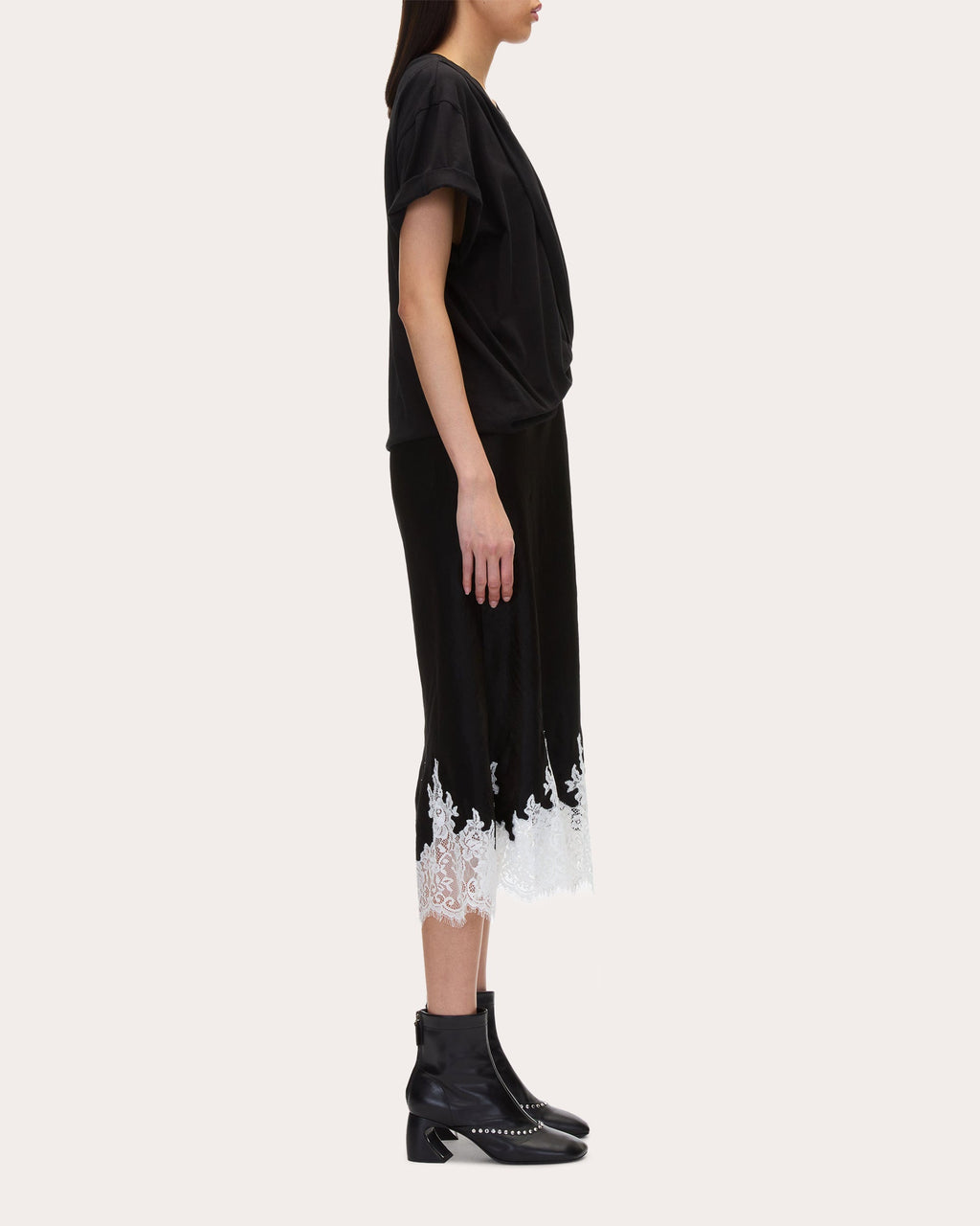 Satin Jersey Lace Combo Tucked Midi Dress