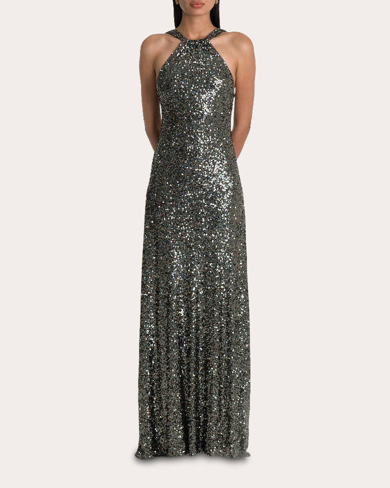 Calixta Sequin High-Neck Gown