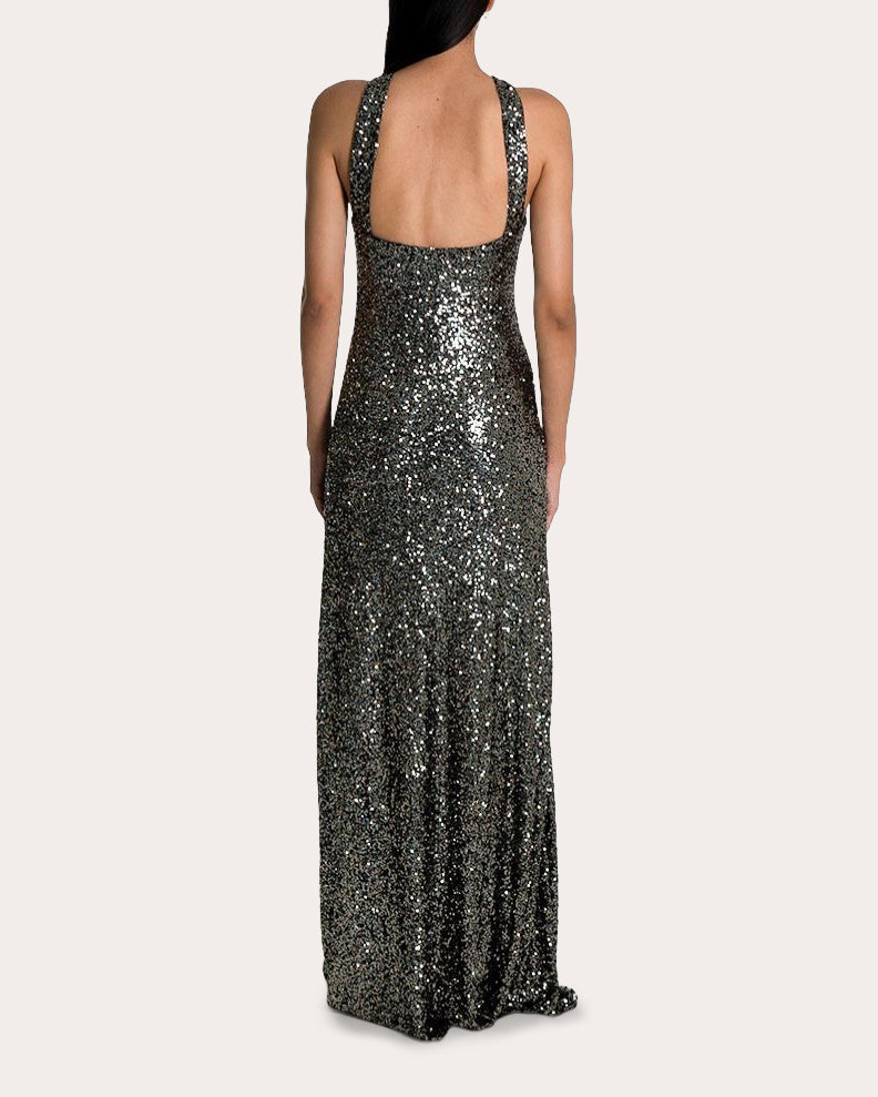 Calixta Sequin High-Neck Gown