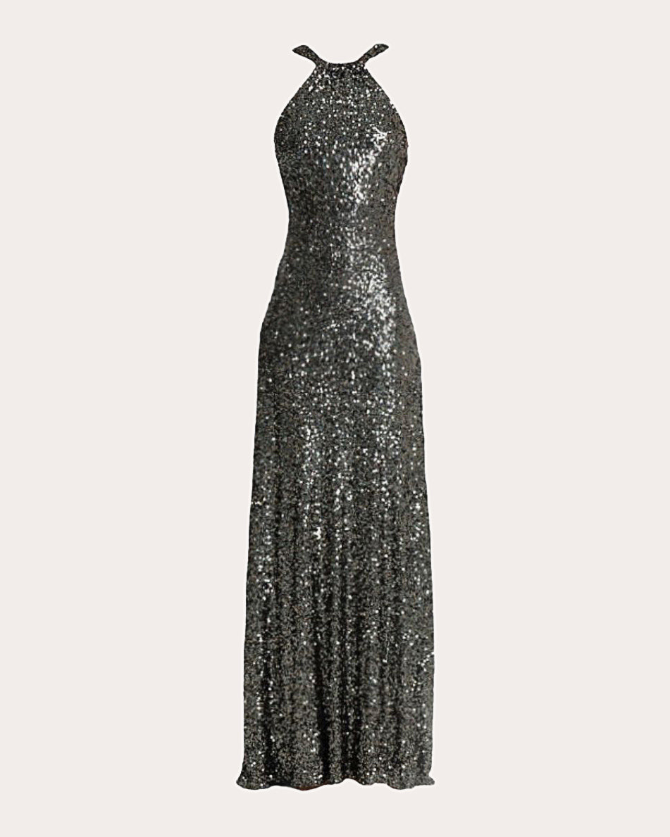 Calixta Sequin High-Neck Gown
