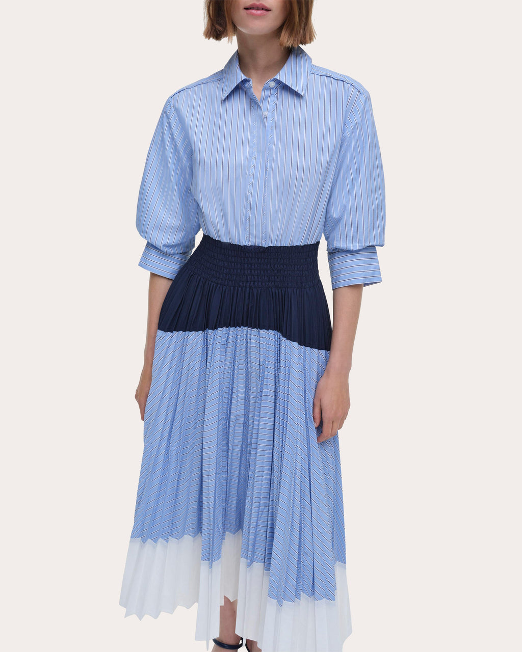 Jenella Stripe Poplin Pleated Midi Shirt Dress