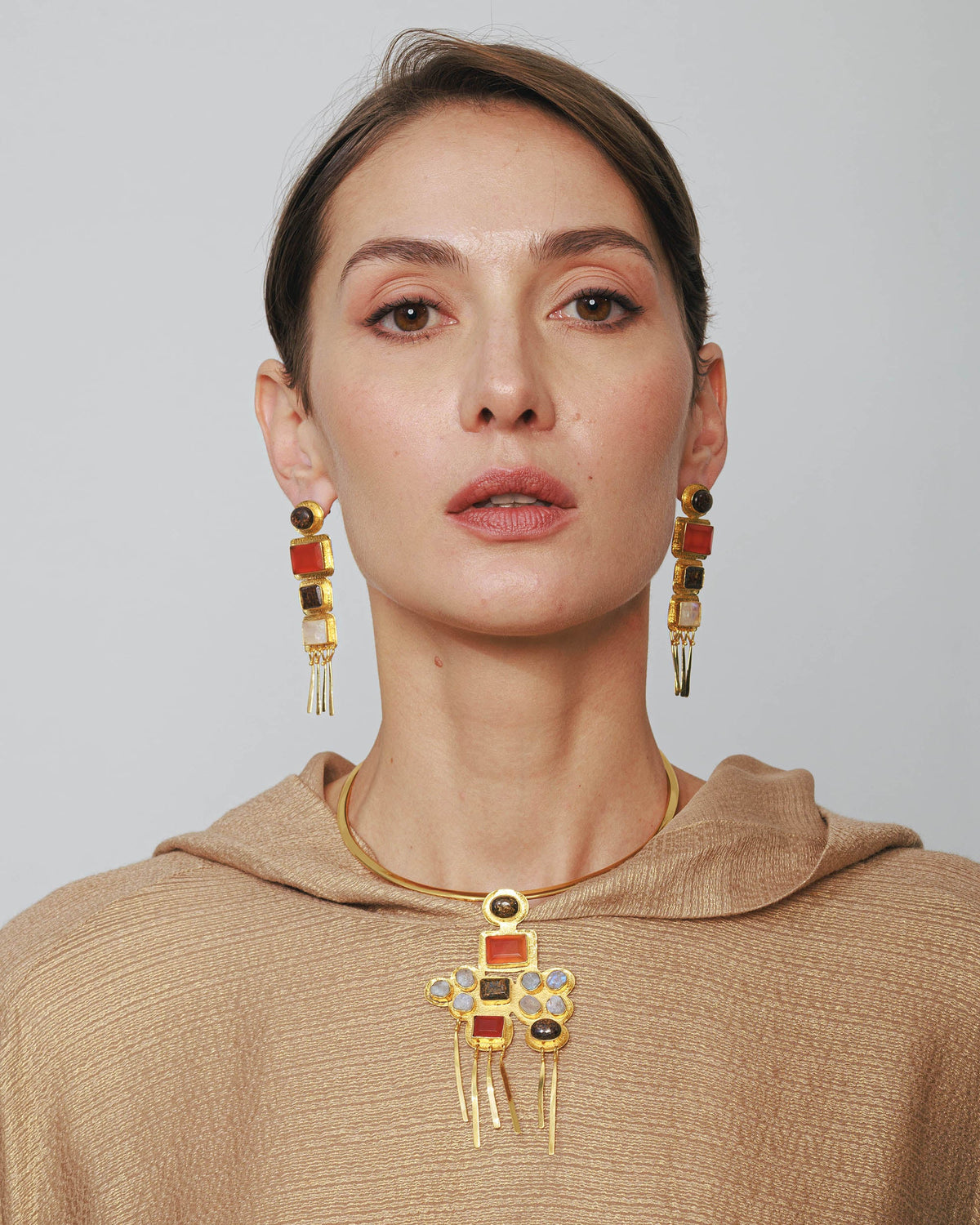 Bronzite & Moonstone Nefertiti Drop Earrings