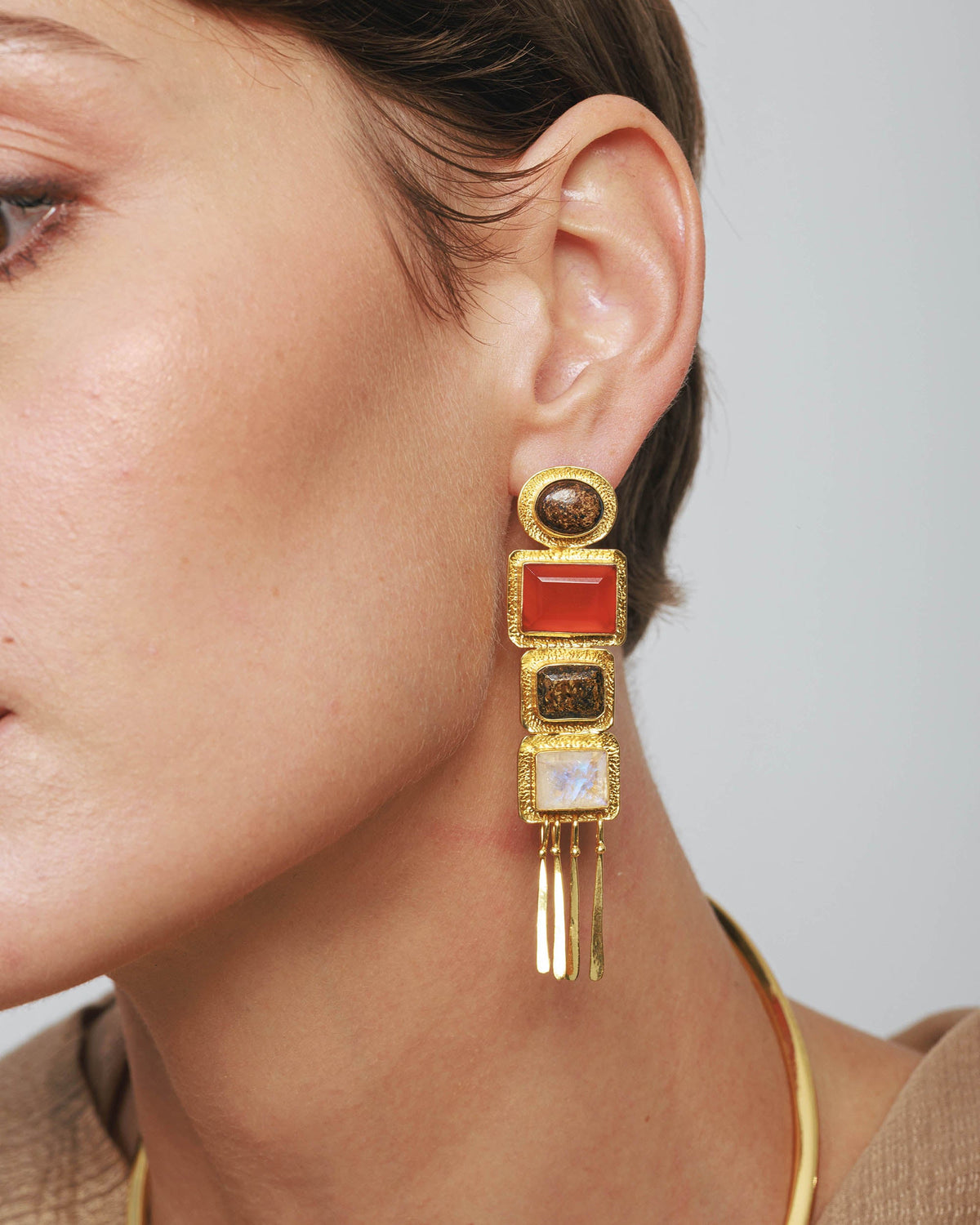 Bronzite & Moonstone Nefertiti Drop Earrings