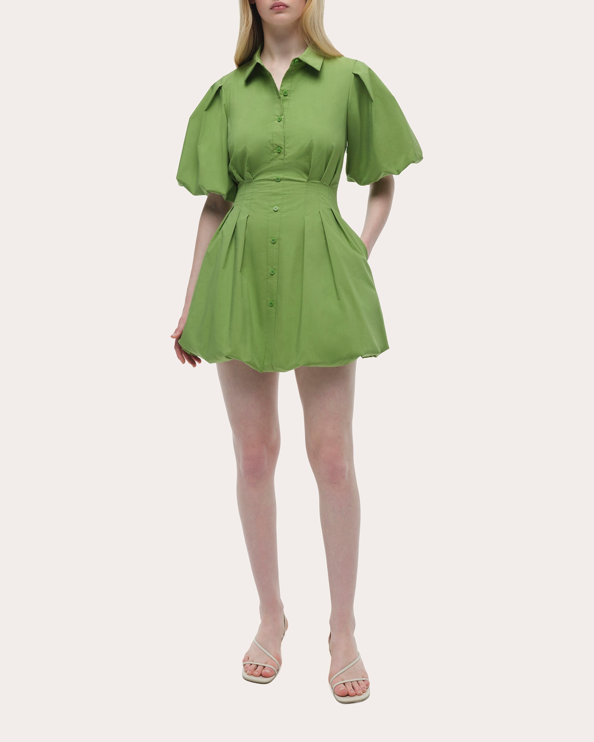 Cleo Poplin Puff-Sleeve Mini Shirt Dress