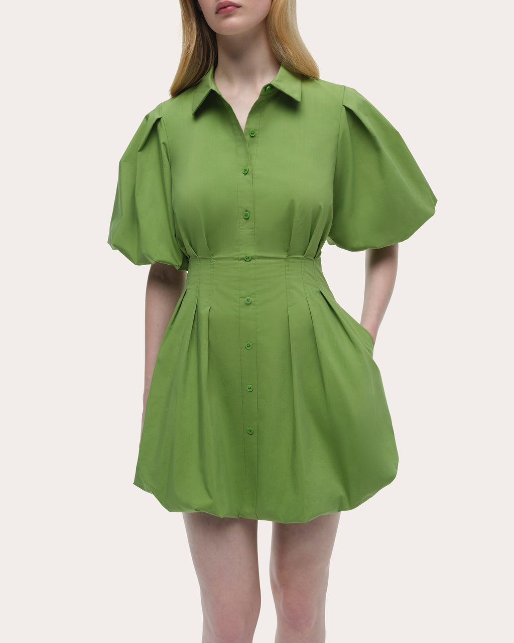 Cleo Poplin Puff-Sleeve Mini Shirt Dress