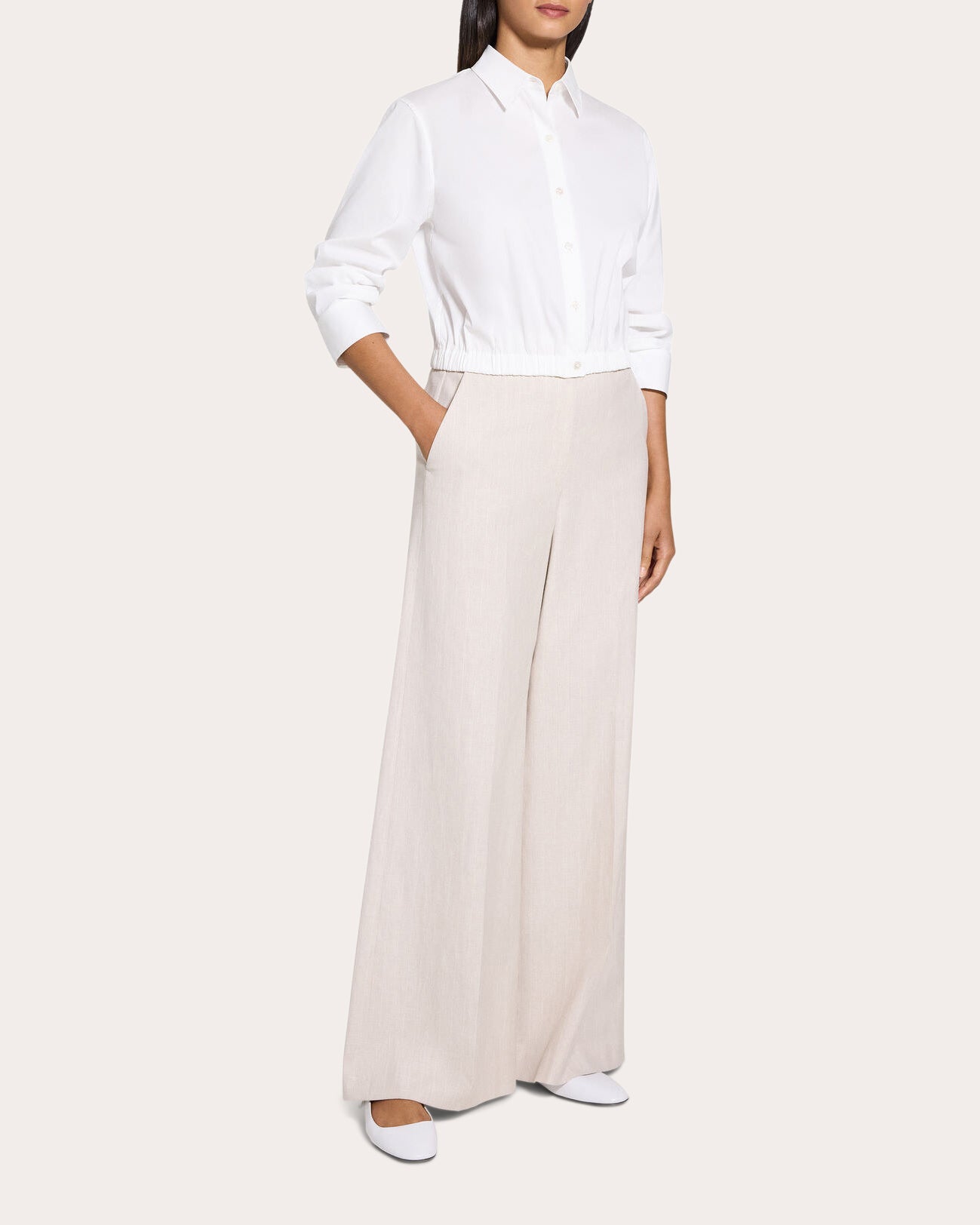 Gathered-Sleeve Cinched Button-Up
