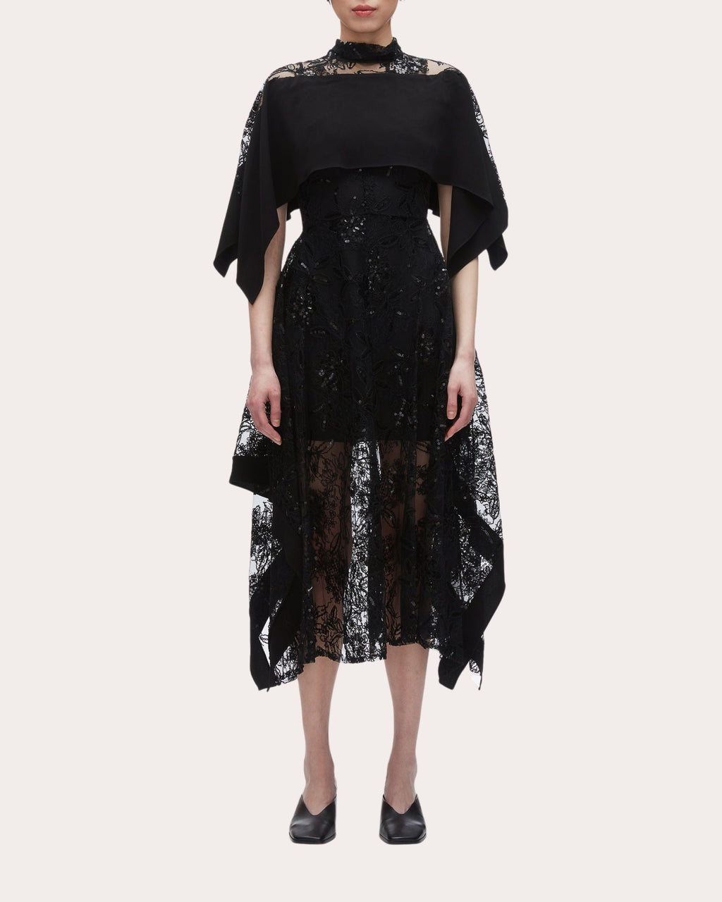 Sequin Floral Lace Cape Handkerchief Dress