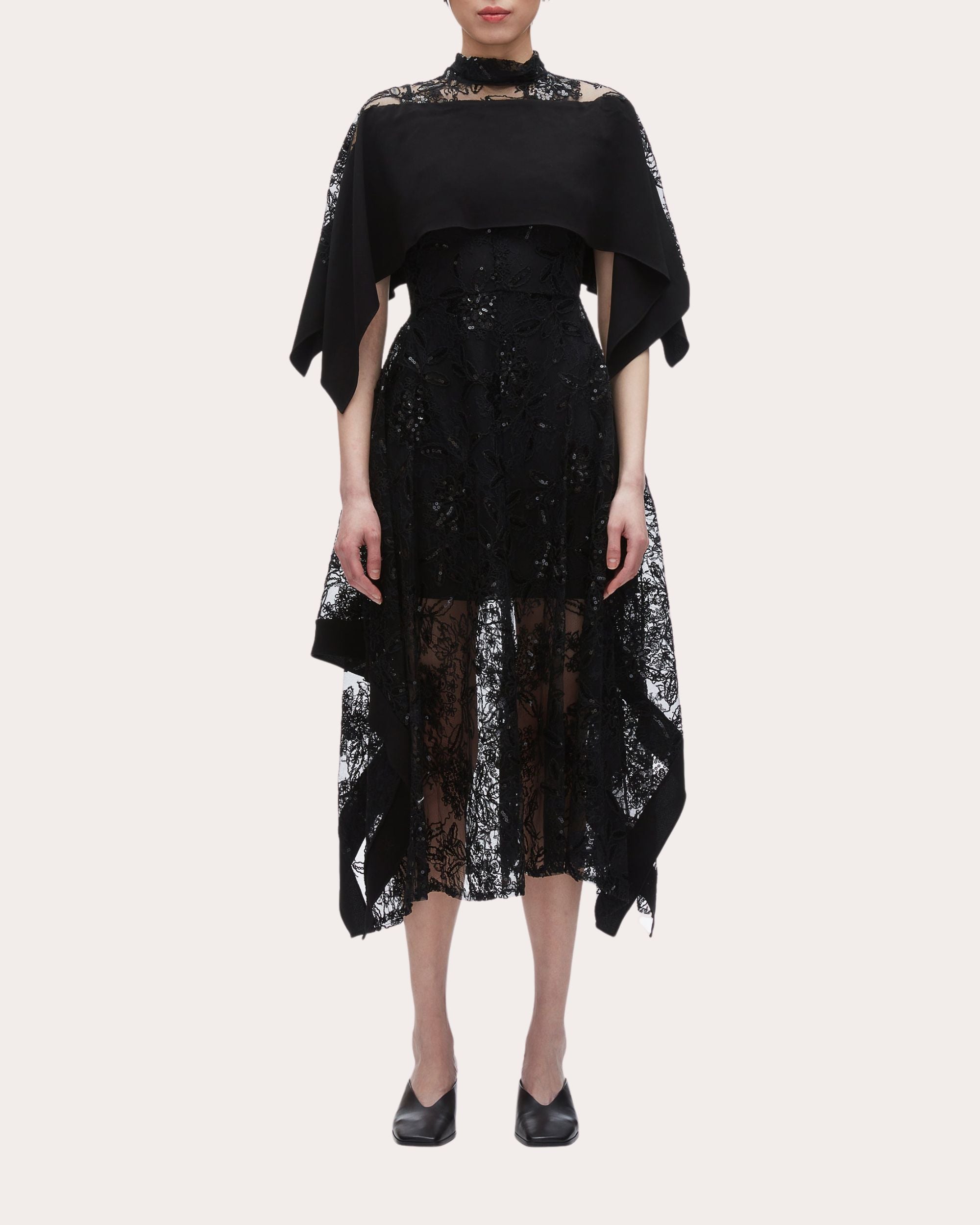 Sequin Floral Lace Cape Handkerchief Dress