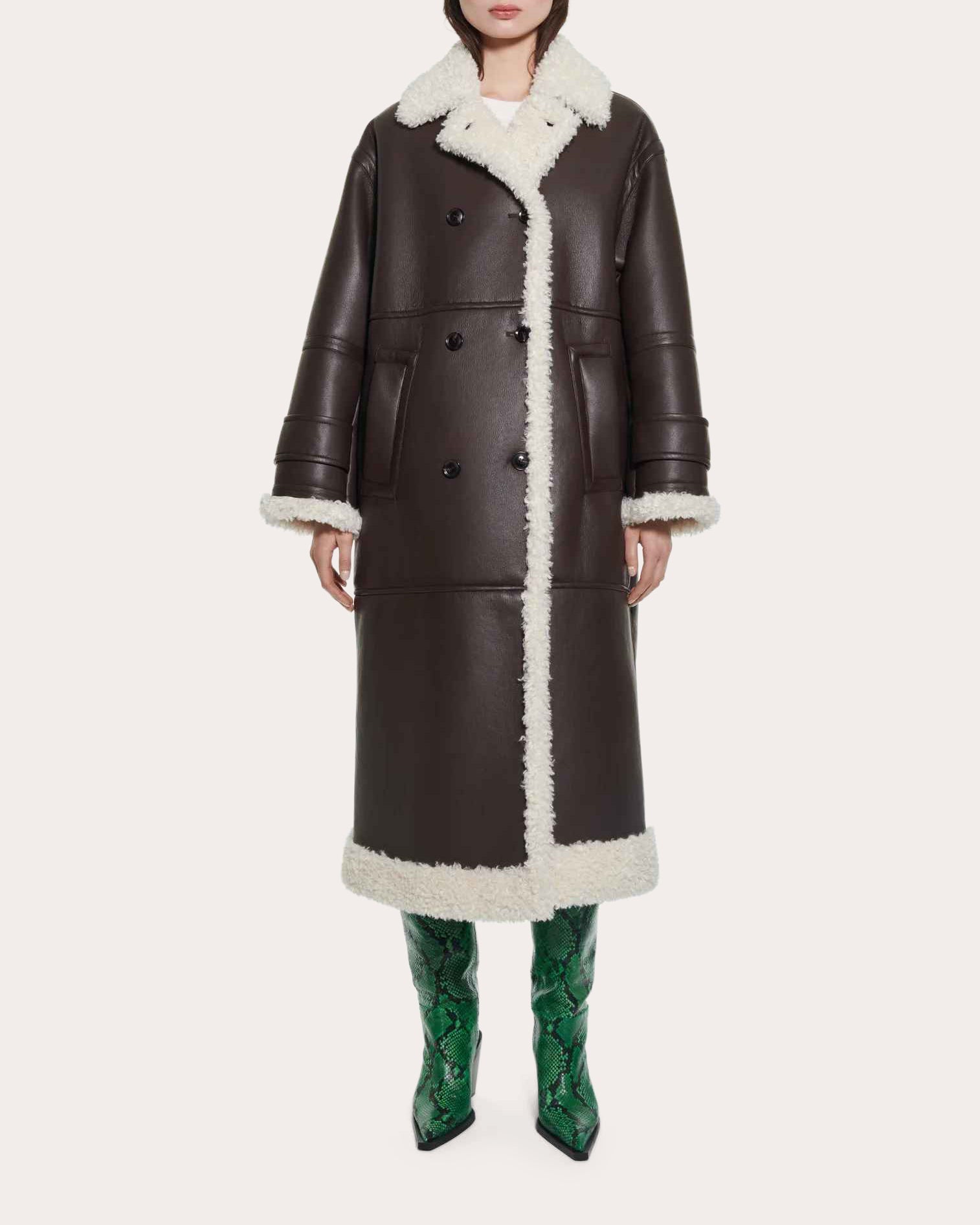 Hayley Faux Leather Shearling Double-Breasted Coat