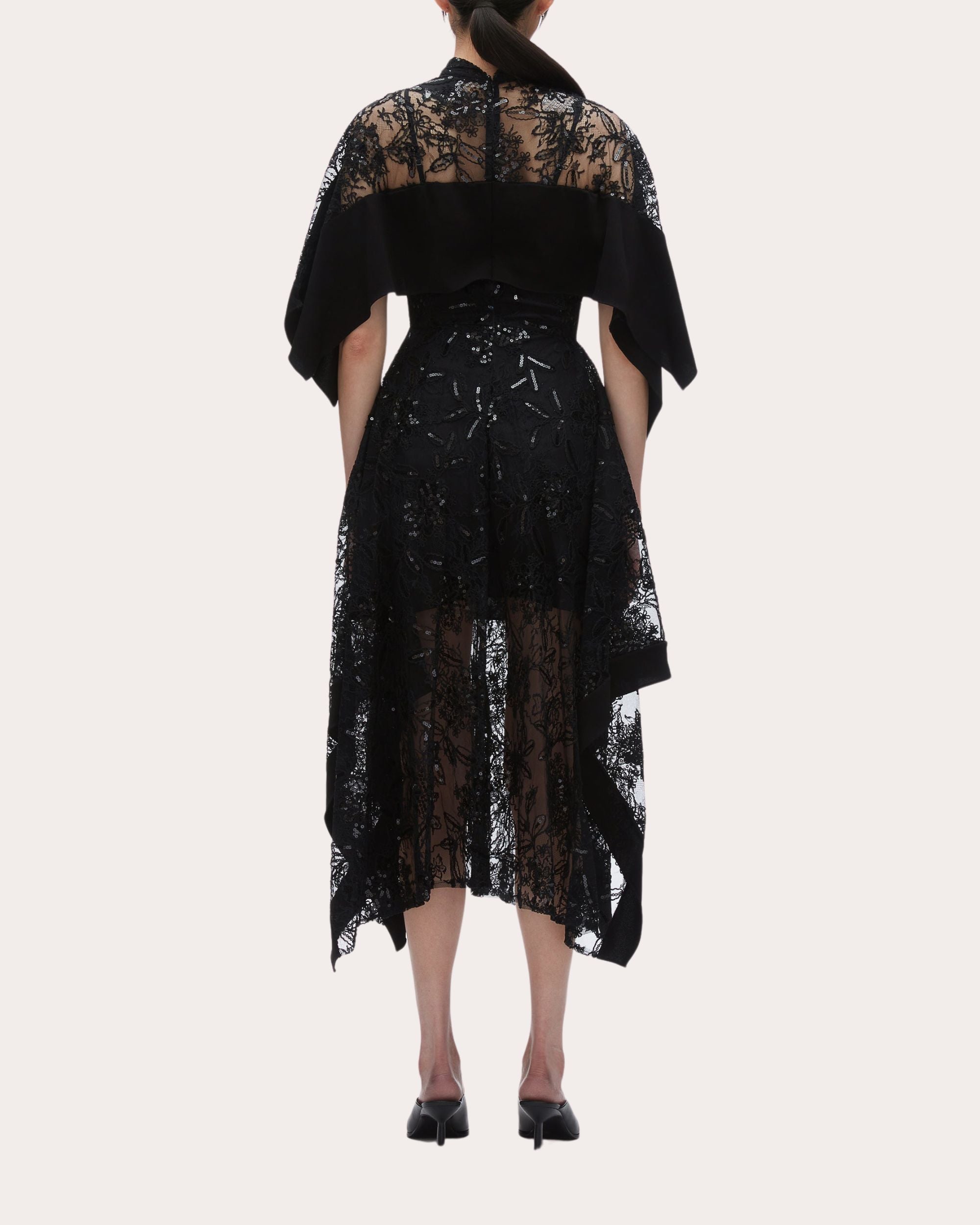 Sequin Floral Lace Cape Handkerchief Dress