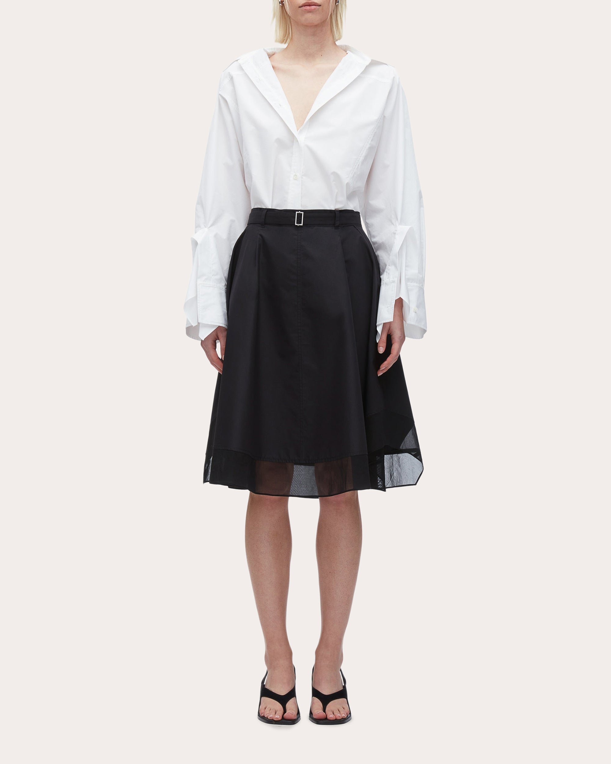 Poplin Voile-Trim Belted Flounce Skirt