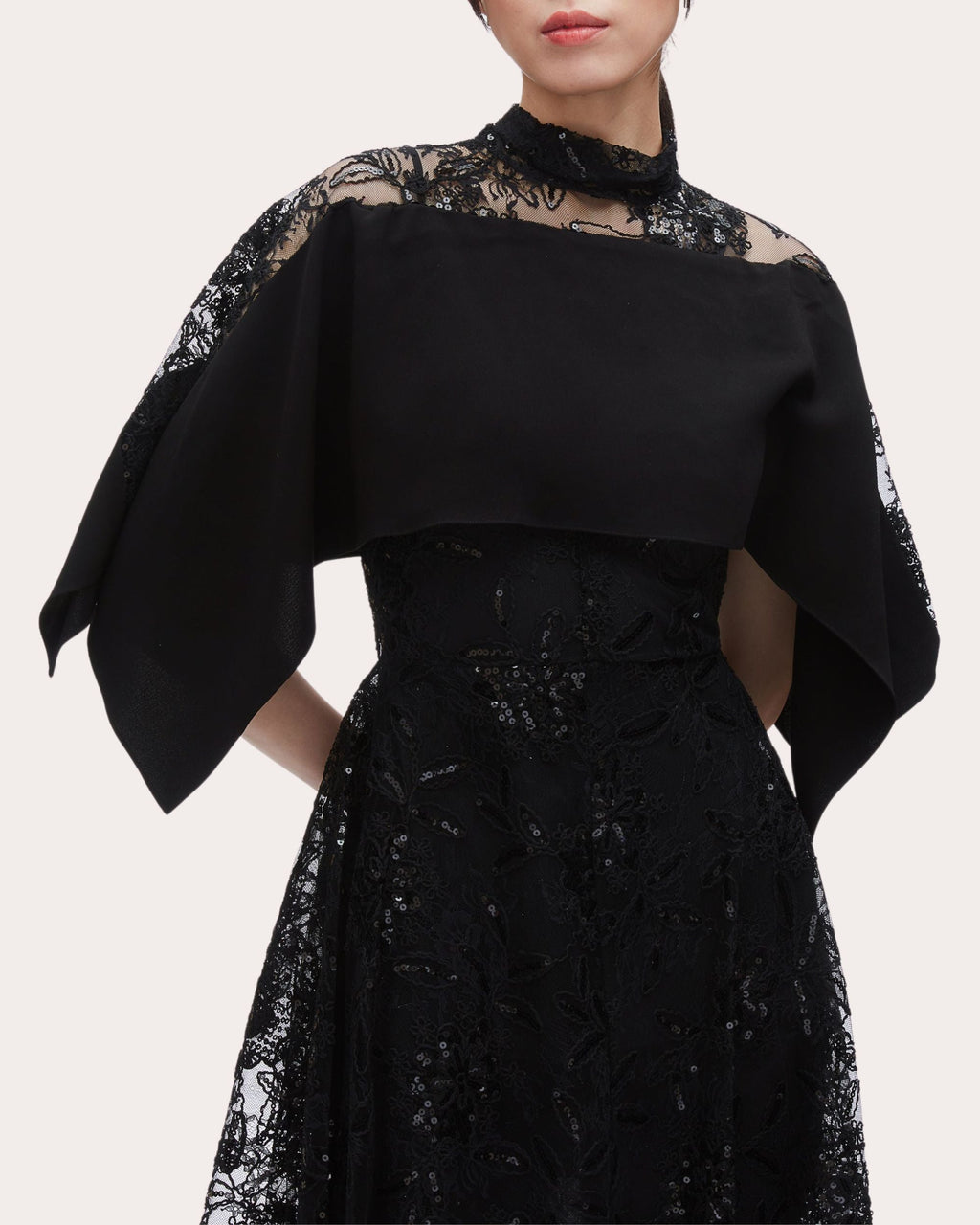 Sequin Floral Lace Cape Handkerchief Dress