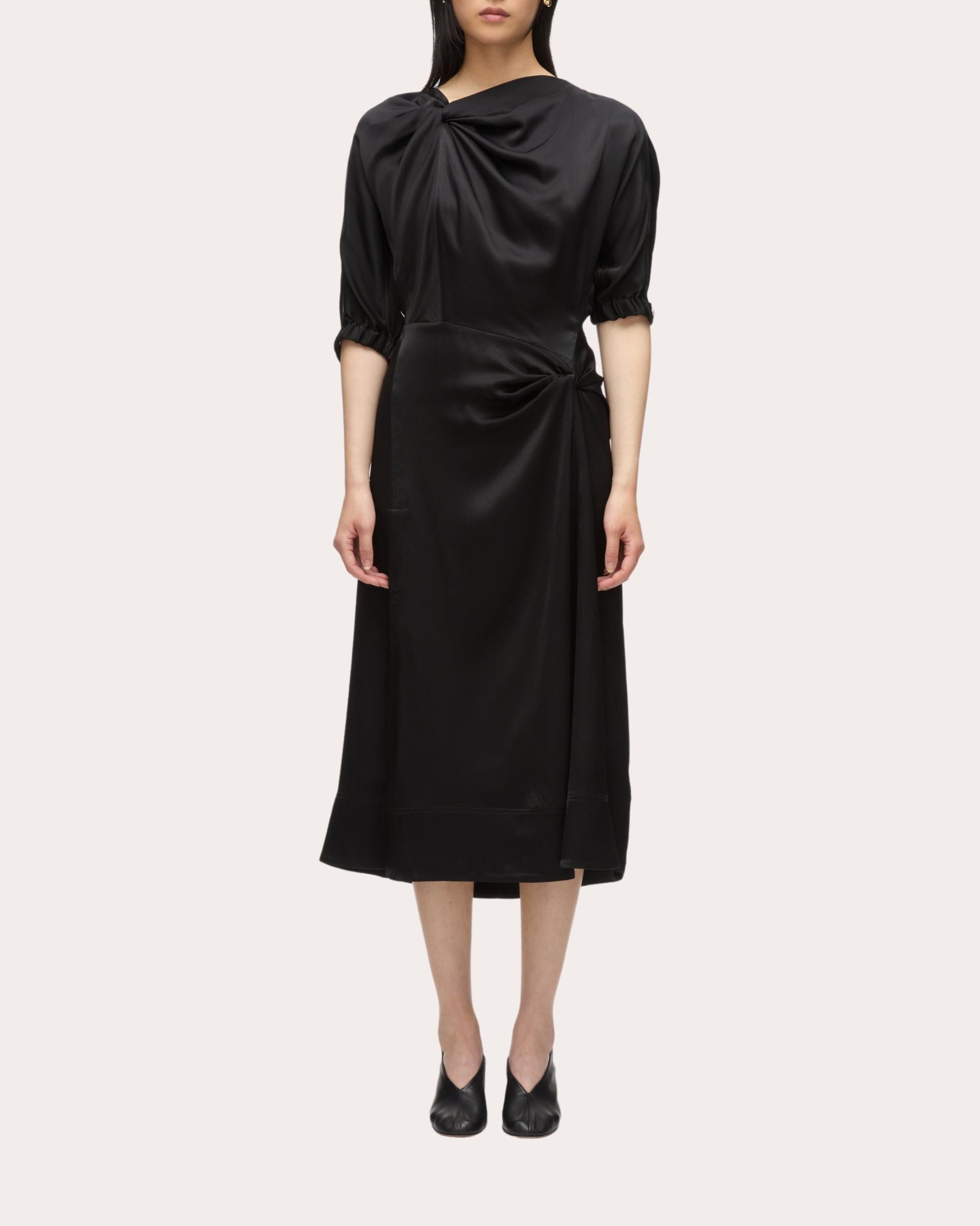 Fluid Satin Knotted Drape Midi Dress