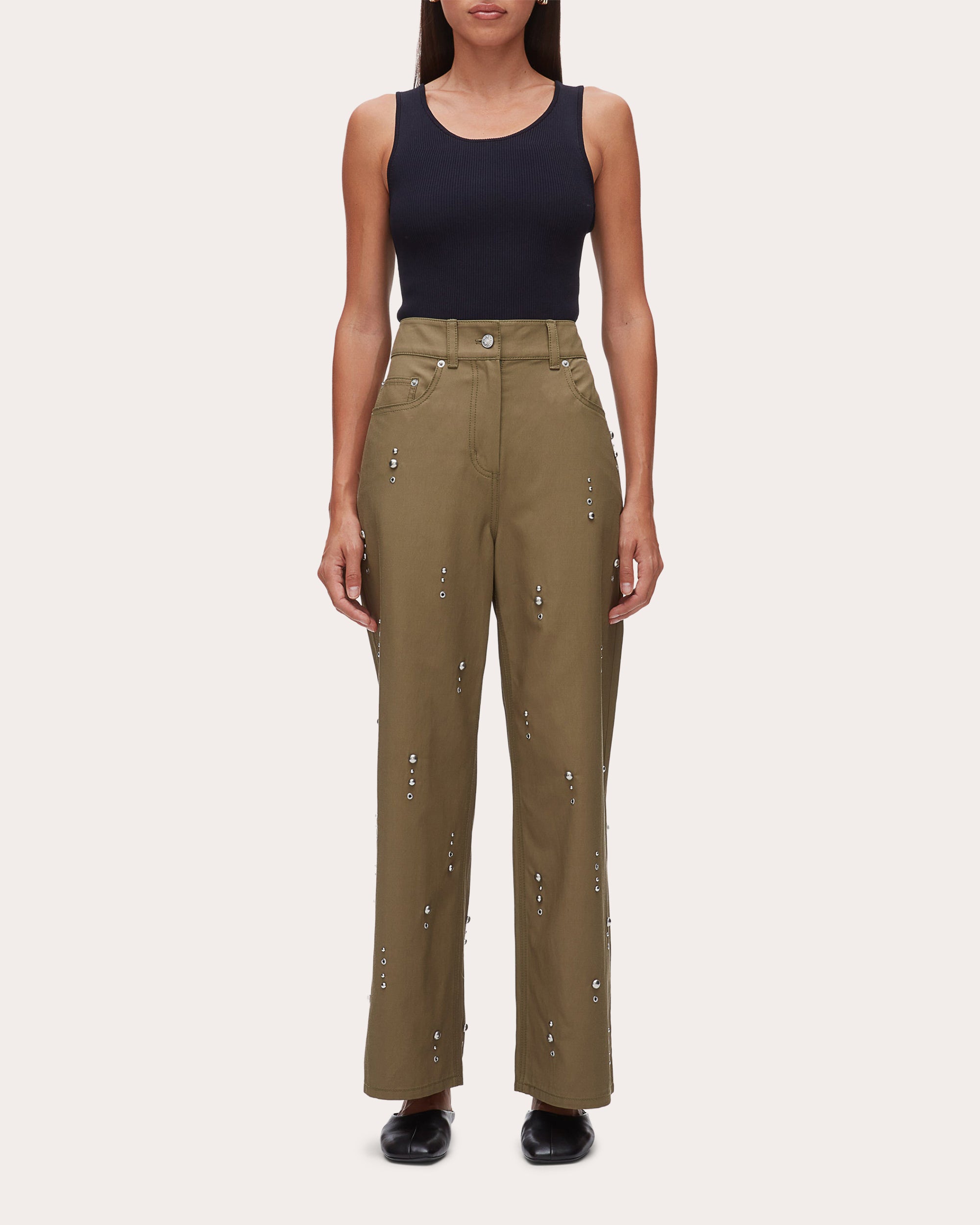 Studded Twill Wide-Leg Pants