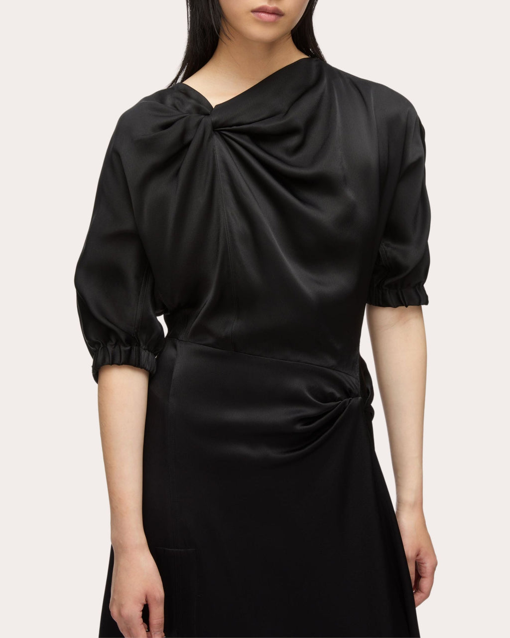 Fluid Satin Knotted Drape Midi Dress