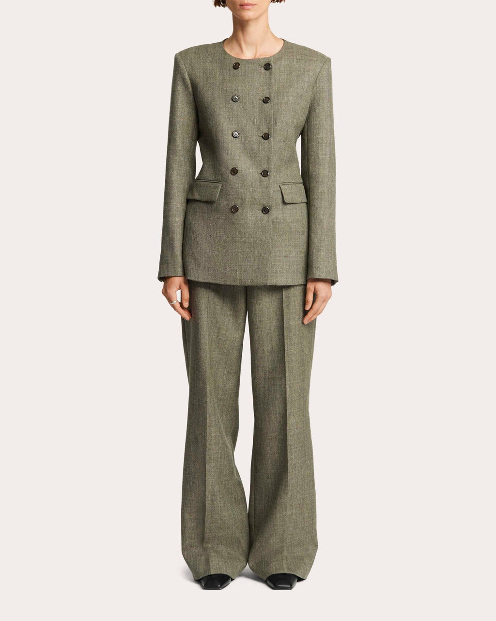 Herringbone Wool Double-Breasted Crewneck Blazer